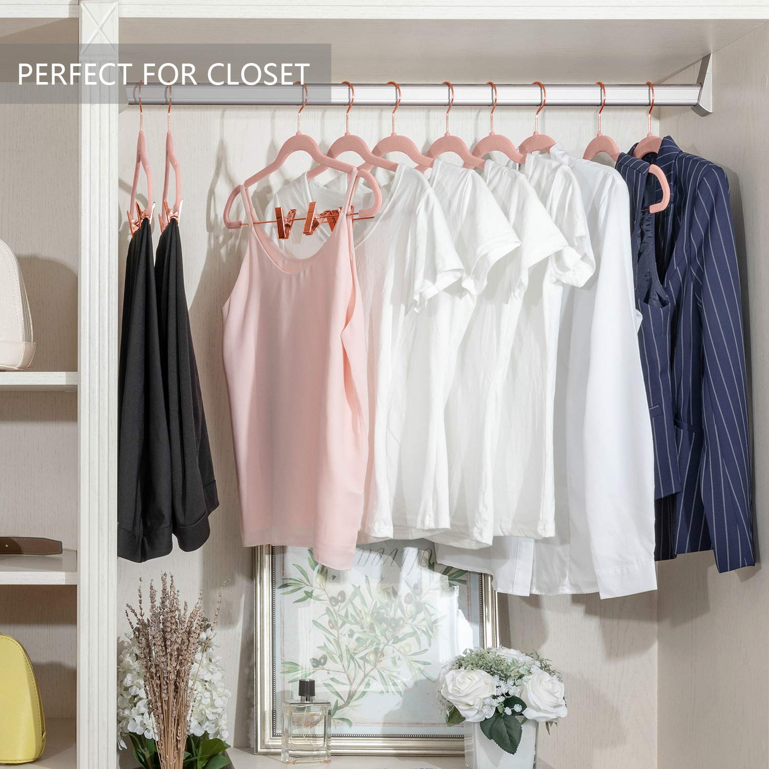 Premium Velvet Pants Hangers with Clips - Pack of 20 Non-Slip Slim Skirt & Dress Hangers - Blush Pink with Rose Gold Hooks - Space Saving Closet Organizer for Pants, Skirts, Dresses & Shirts - Perfect for Wardrobe Organization & Travel Packing