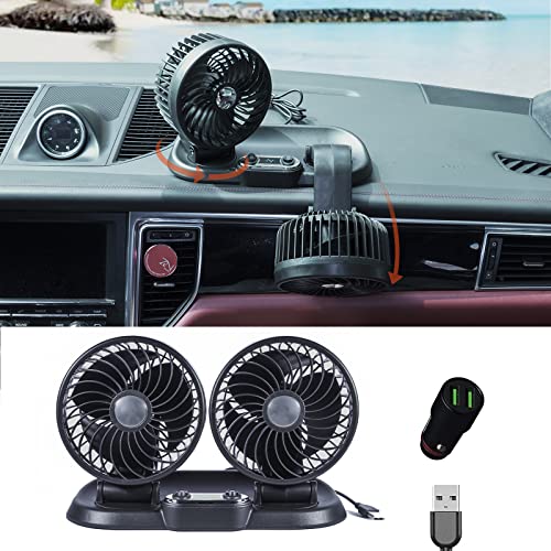 12V USB Car Cooling Fan - 360° Rotatable Dual Fan for Truck, SUV, RV & Boat | 5V Portable Desktop Fan for Home, Office & Outdoor Use | Summer Cooling Solution for Vehicles & Indoor Spaces