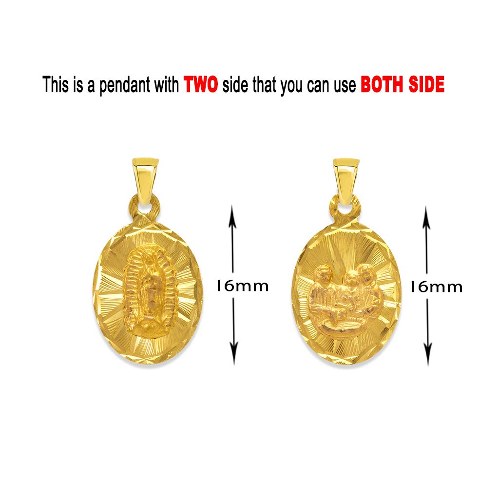 14K Yellow Gold Oval Guadalupe & Sacred Heart Two-Sided Catholic Pendant Necklace for Women & Men - 8x11MM Religious Jewelry Gift for Baptism, First Communion & Faith Devotion