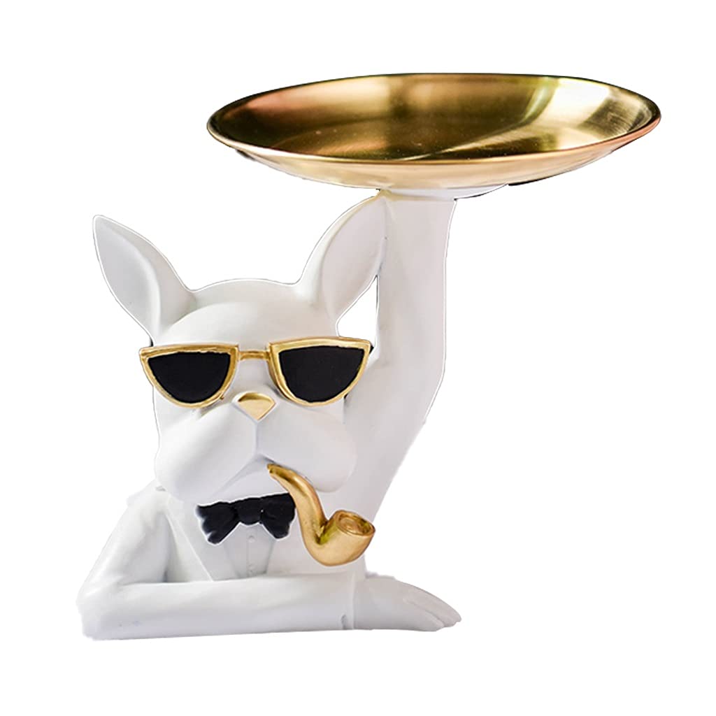 White Resin Bulldog Storage Tray - Cute Animal Sculpture Holder for Keys, Jewelry & Earrings | Home & Office Desk Organizer Decor | Perfect Gift for Pet Lovers & Organization Enthusiasts