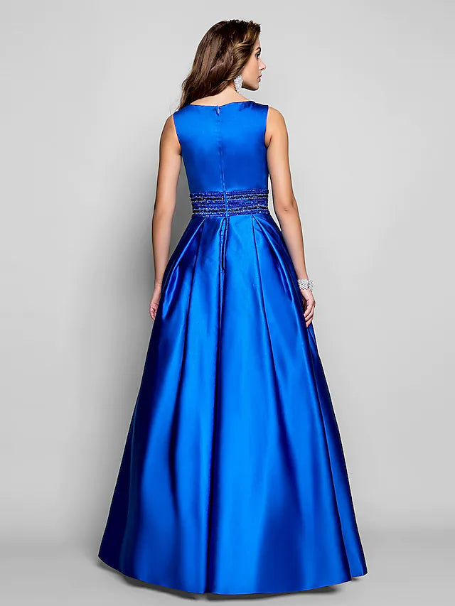 Elegant A-Line Satin Wedding Guest Dress with Pleats & Beading - Floor Length Sleeveless Boat Neck Pocket Formal Gown for Bridesmaid, Evening Party, Prom & Special Occasions