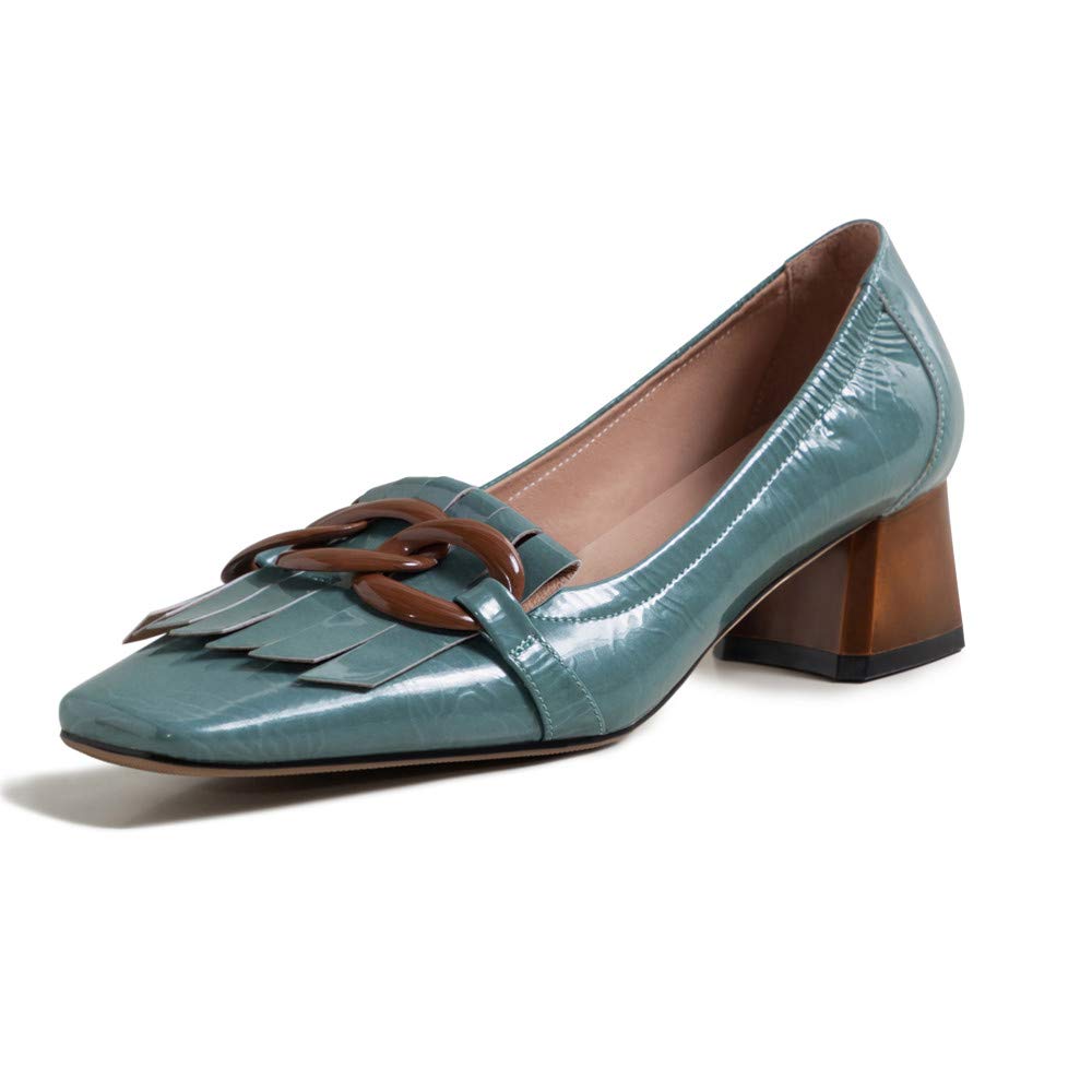 TinaCus Women's Genuine Leather Square Toe Loafers with Handmade Tassels & Chain Detail - Chunky Heel Retro Shoes for Office, Casual Wear & Vintage Outfits