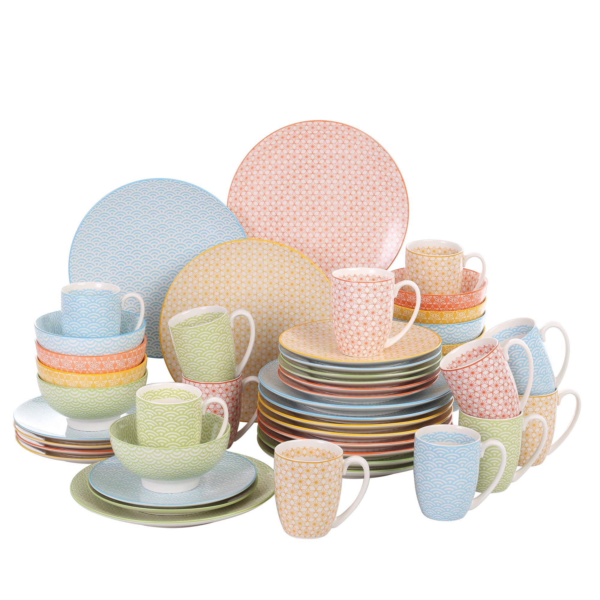 Vancasso Natsuki 48-Piece Porcelain Dinnerware Set - Japanese Style Multicolor Dinner Plates, Dessert Plates, Cereal Bowls & Mugs for 12 People | Elegant Table Setting for Family Dinners, Parties & Restaurant Use
