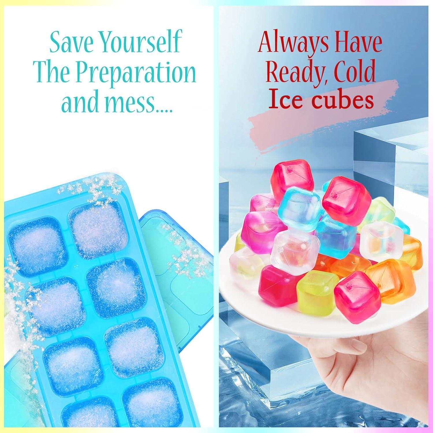 60Pcs Reusable Ice Cubes - BPA Free, Non-Diluting, Refreezable Plastic Ice Cubes for Drinks & Cocktails | Quick Frozen, Washable & Purified Water Filled (White + Colorful) | Perfect for Parties, Bars, Home & Office Use