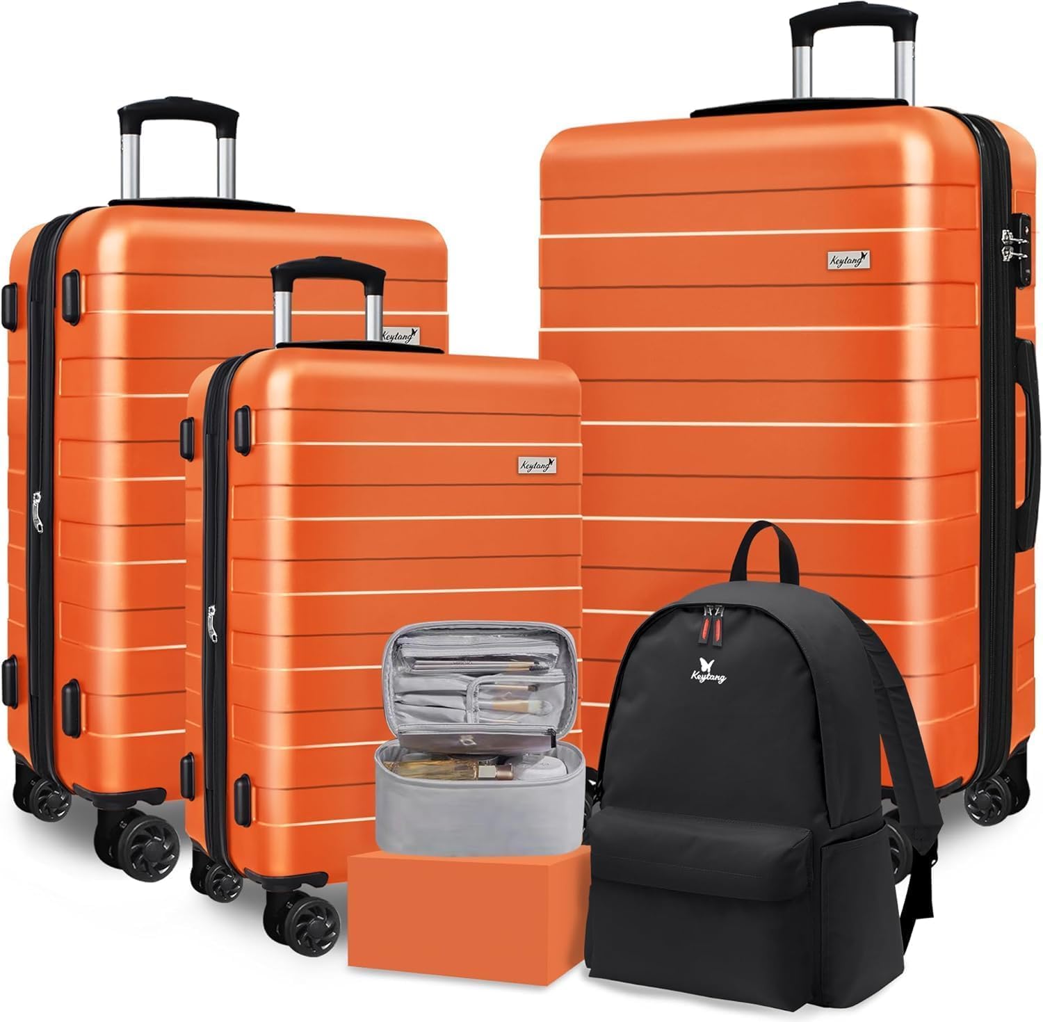 5-Piece Zebra Luggage Set with Spinner Wheels - Lightweight PC+ABS Hardside Suitcases (20/24/28 inch) & Bonus Travel Backpack + Makeup Bag - TSA Lock for Business Travel - Dark Orange | Perfect for Family Vacations, Business Trips & International Adventures