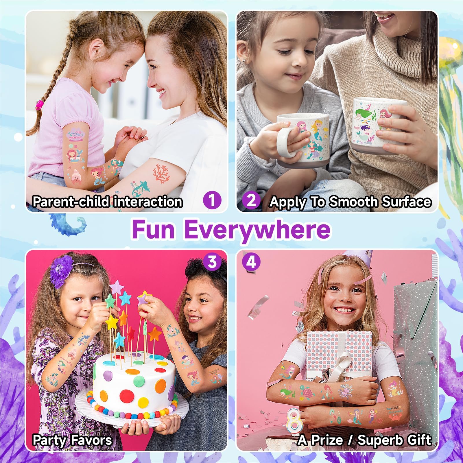 50 Sheets Mermaid Temporary Tattoos for Kids - Individually Wrapped Ocean Themed Tattoo Stickers for Birthday Parties, Mermaid Games & Summer Beach Activities - Perfect for Girls' Party Favors, Decorations & Underwater Themed Events