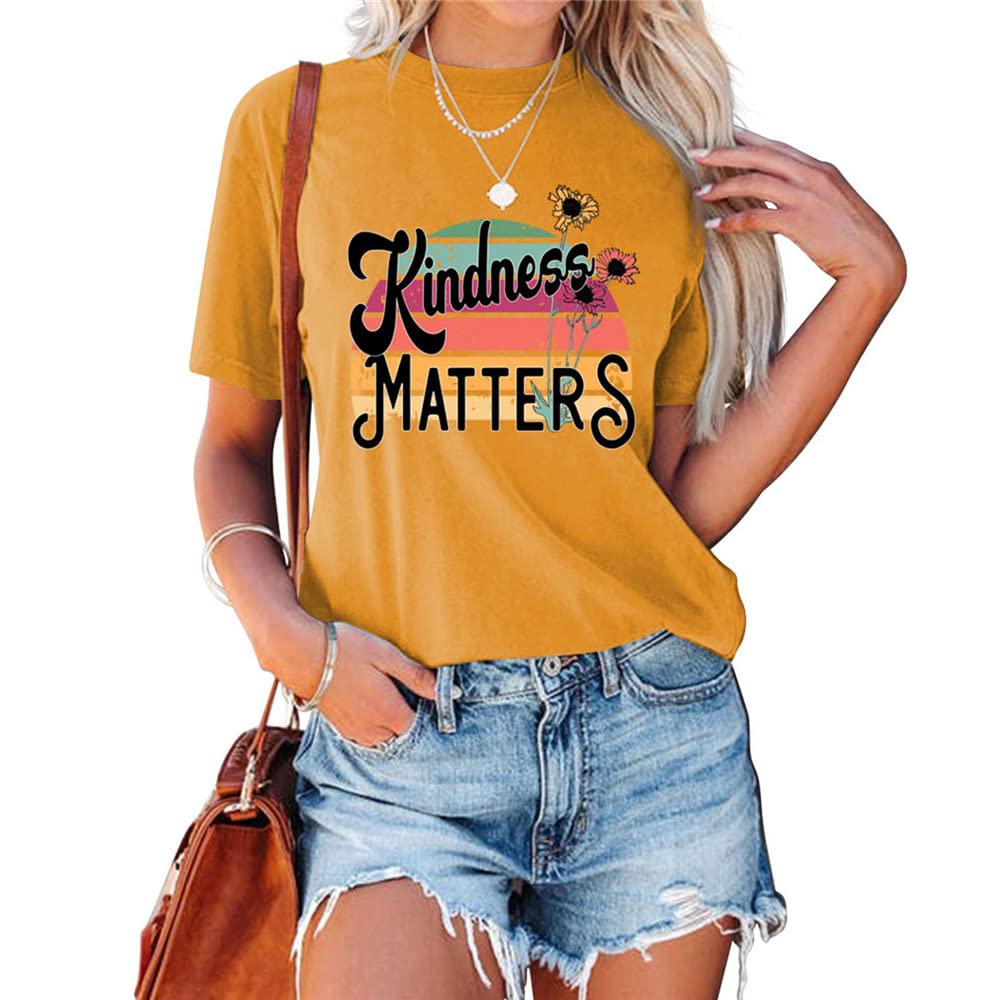 Kindness Matters Women's Rainbow Sunflower Graphic T-Shirt - Short Sleeve Inspirational Tee for Teachers | Perfect Gift for Educators, Back to School & Women's Empowerment