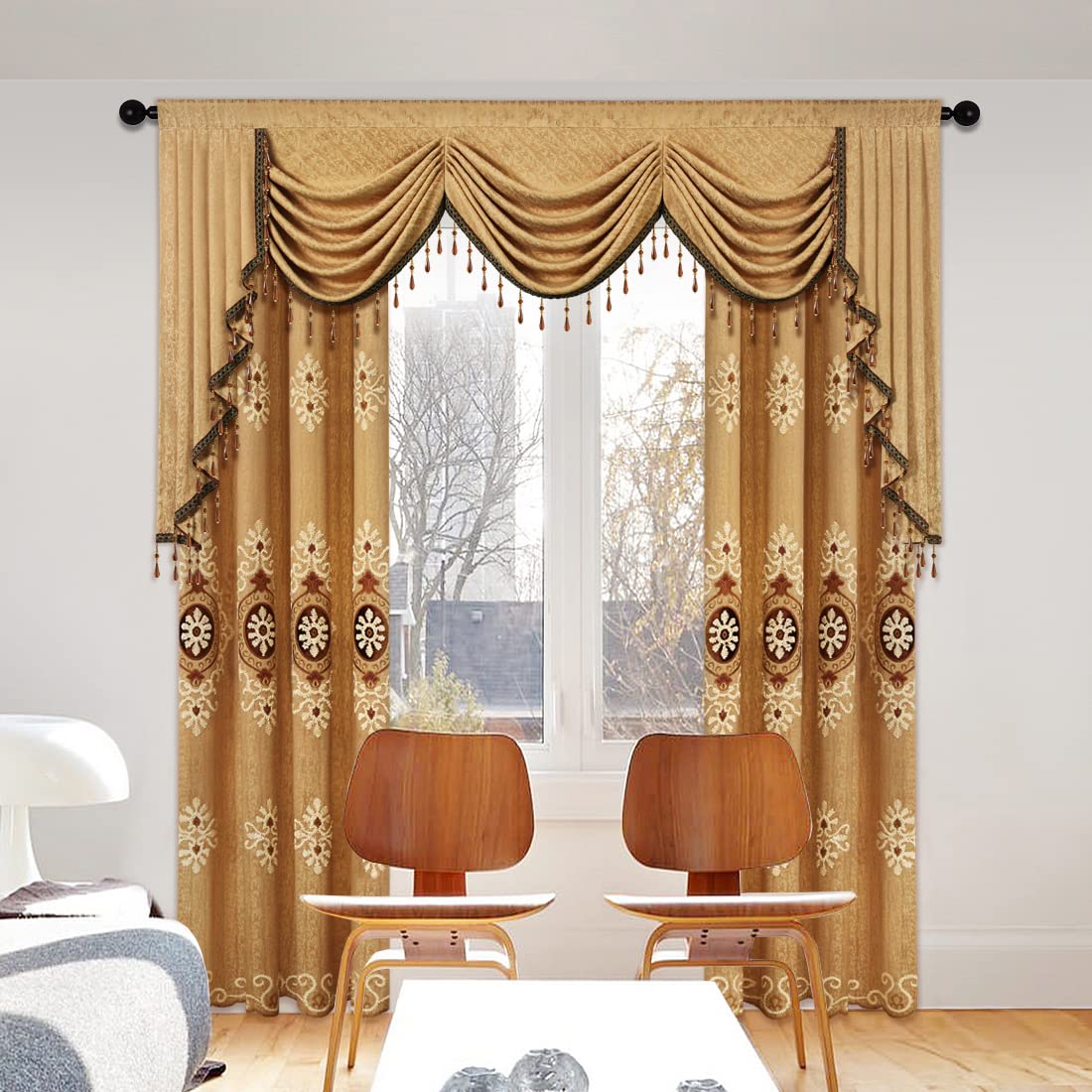 ELKCA Jacquard Waterfall Valance with Luxury Beads - Yellow Window Curtain Valance for Living Room, Rod Pocket Design, 1 Panel (79 Inches Wide) - Perfect for Living Room, Bedroom & Home Decor