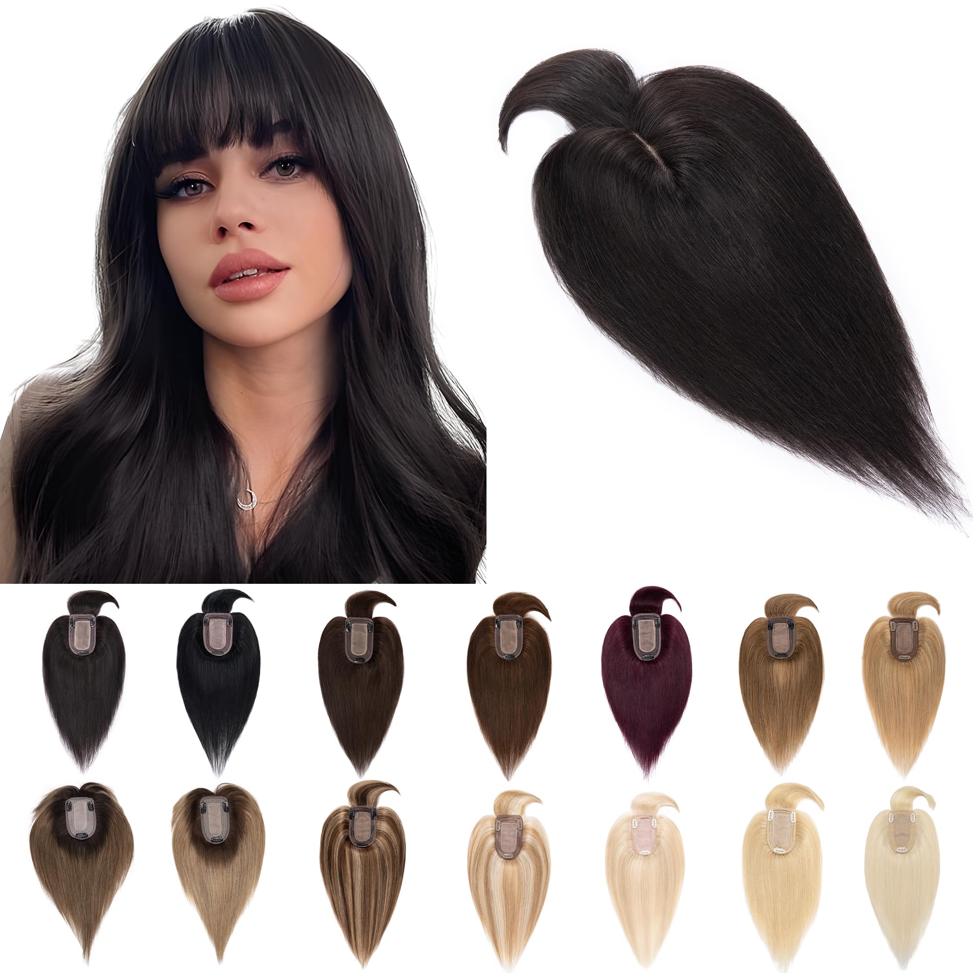 SEGO 150% Density Human Hair Toppers for Women with Bangs - Silk Base 100% Remy Human Hair Pieces for Thinning Hair & Hair Loss - Clip-in Crown Topper for Gray Coverage (6 Inch, Natural Black) - Perfect for Daily Wear, Parties & Special Occasions