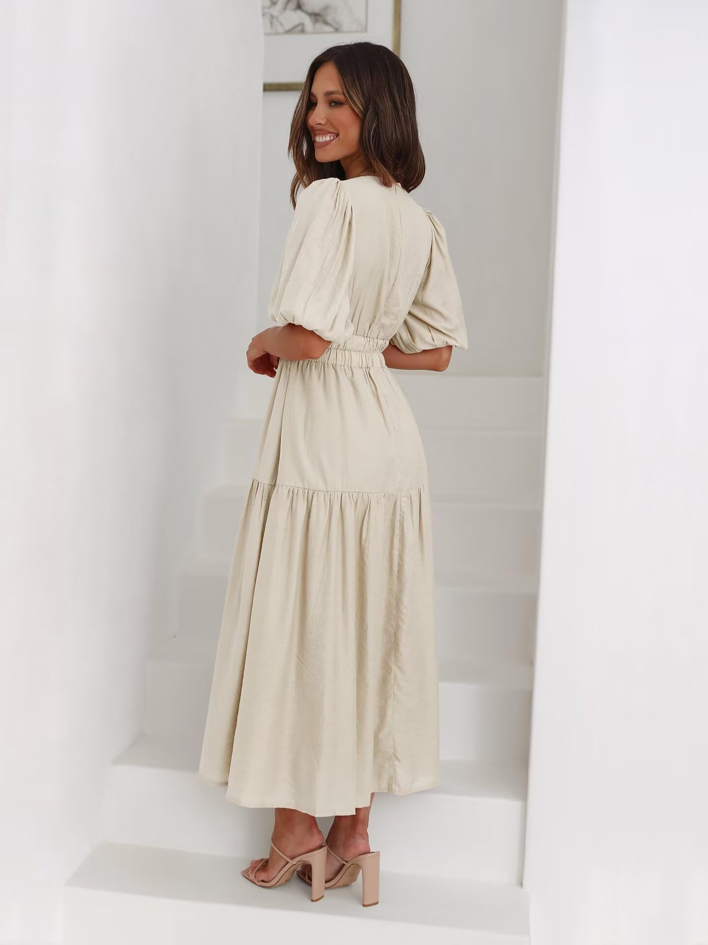 Women's Summer Swing Dress - Short Sleeve V-Neck Flowy Tiered Maxi Dress for Beach, Vacation & Casual Wear | Lightweight Comfortable Sundress for Outdoor Activities