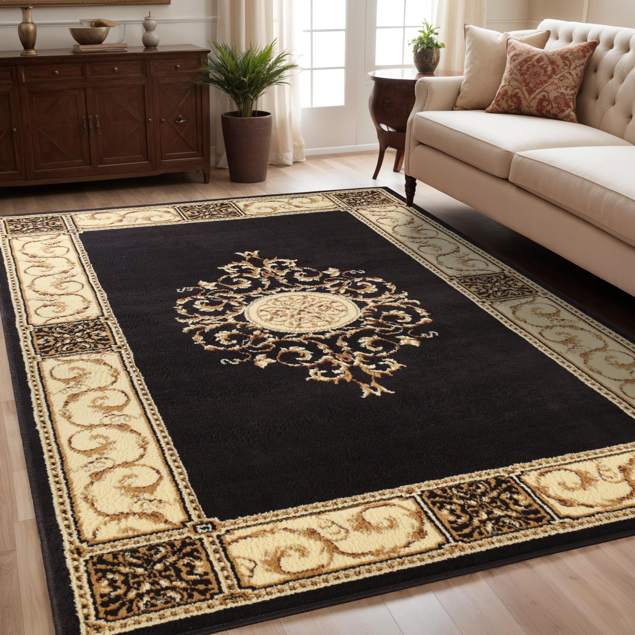 Premium 8' x 10' Floral Medallion Area Rug with Jute Backing - Elegant Coffee-Colored Woven Rug with Broad Border for Living Room, Bedroom & Dining Room Decor