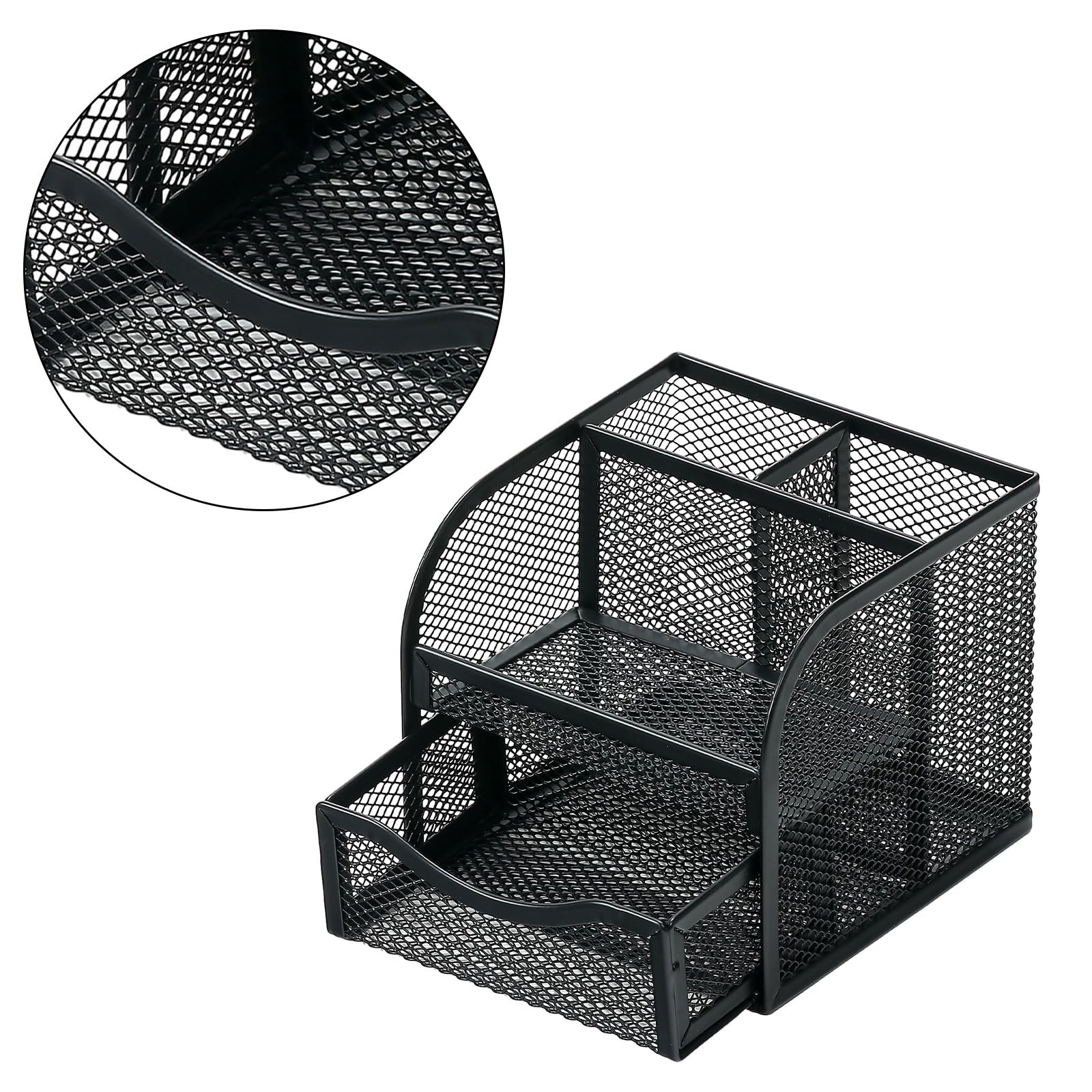 BAIMOQI Metal Pen Holder with Sliding Drawer - Space Saving Desk Organizer for Office & Home Use