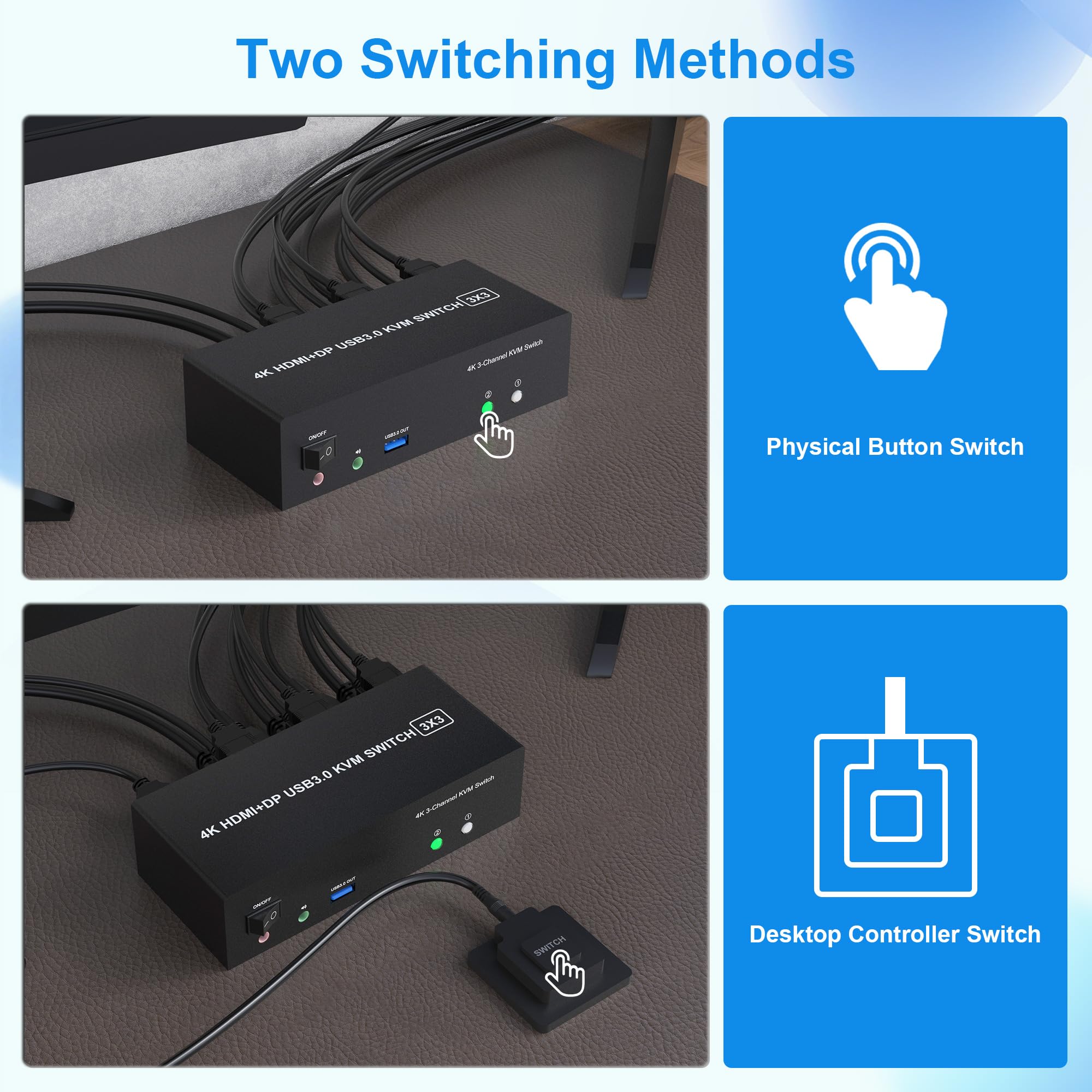 4K@60Hz Triple Monitor KVM Switch for 2 Computers - 2 HDMI & DisplayPort, USB 3.0 Hub, Audio/Mic Port - Share 3 Monitors Between 2 PCs - Ideal for Home Office, Gaming & Multi-Tasking Workstations