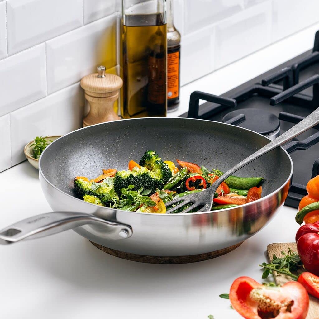 GreenPan Chatham Tri-Ply Stainless Steel Healthy Ceramic Nonstick 11-Inch Wok Pan - PFAS-Free, Multi-Clad, Induction Compatible, Dishwasher & Oven Safe (Silver) - Perfect for Asian Stir-Fry, Sautéing & Healthy Cooking