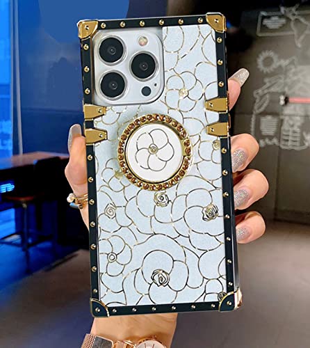 Luxury Bling Glitter Gold Edge Flower Soft Case for Samsung Galaxy A21 - Square Box Design with Ring Kickstand, Slim Protective Phone Cover for Women & Girls (White) | Perfect for Everyday Use, Parties & Gift Giving
