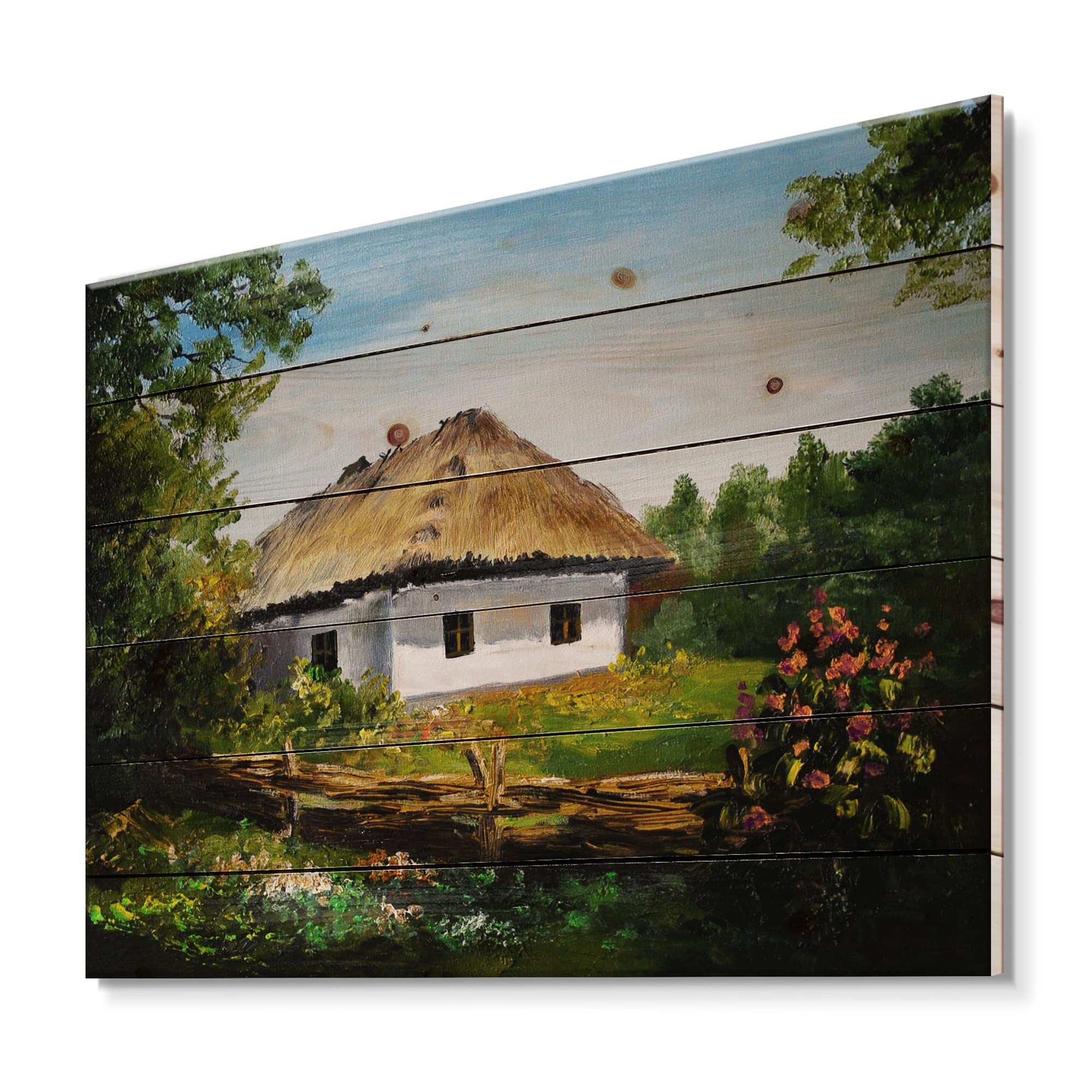 DesignQ Traditional Cottage At Dawn In Summer Wood Wall Decor - Brown Floral Wood Wall Art Panel - Large Natural Pine Wood Wall Art for Living Room, Bedroom & Home Decor
