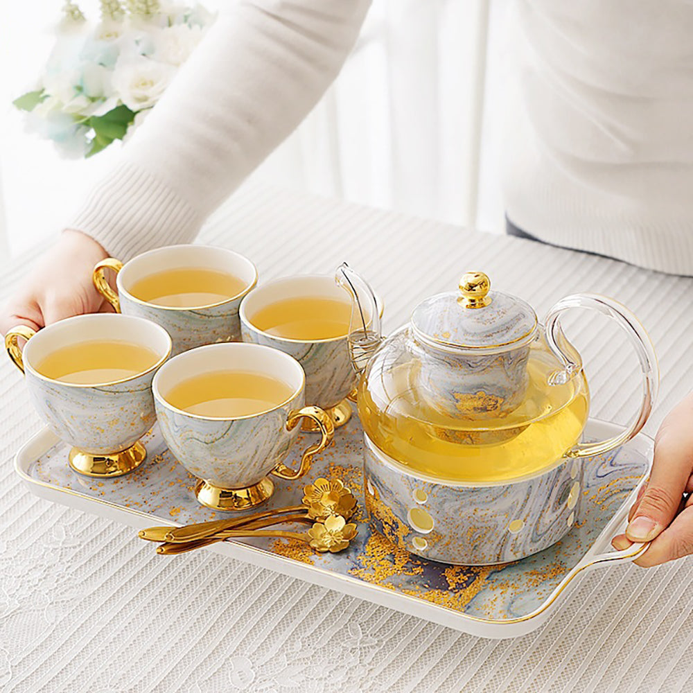 Premium Golden Beach English Tea Set - Elegant Porcelain Tea Cups & Saucers for Afternoon Tea, Gifts & Home Decor