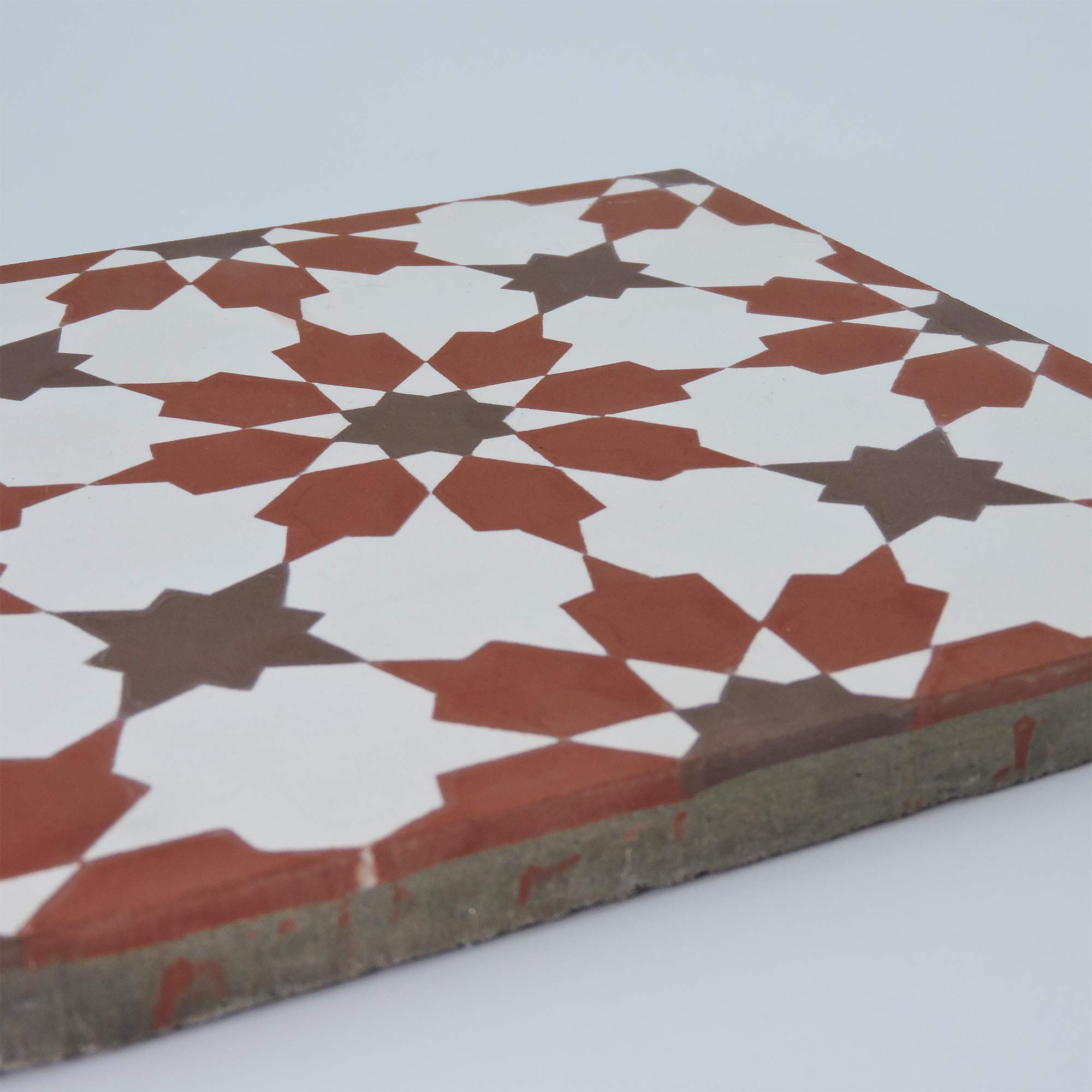 Handmade Moroccan Cement Mosaic Tile - Pack of 12 (Red, Brown, White) - Authentic Ahfir Design for Kitchen Backsplash, Bathroom Floor & Mediterranean Home Decor