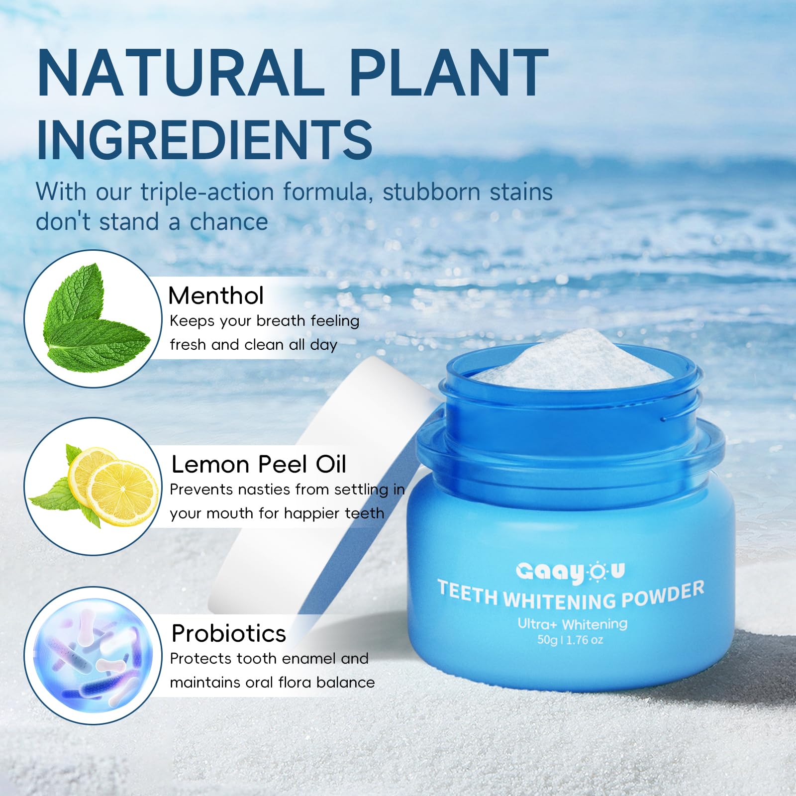 Natural Teeth Whitening Powder with Mint Flavor - Remineralizing Tooth Powder for Instant Stain Removal & Whitening (50g/1.76oz) - Freshens Breath, Whitens Teeth, Perfect for Coffee & Wine Lovers