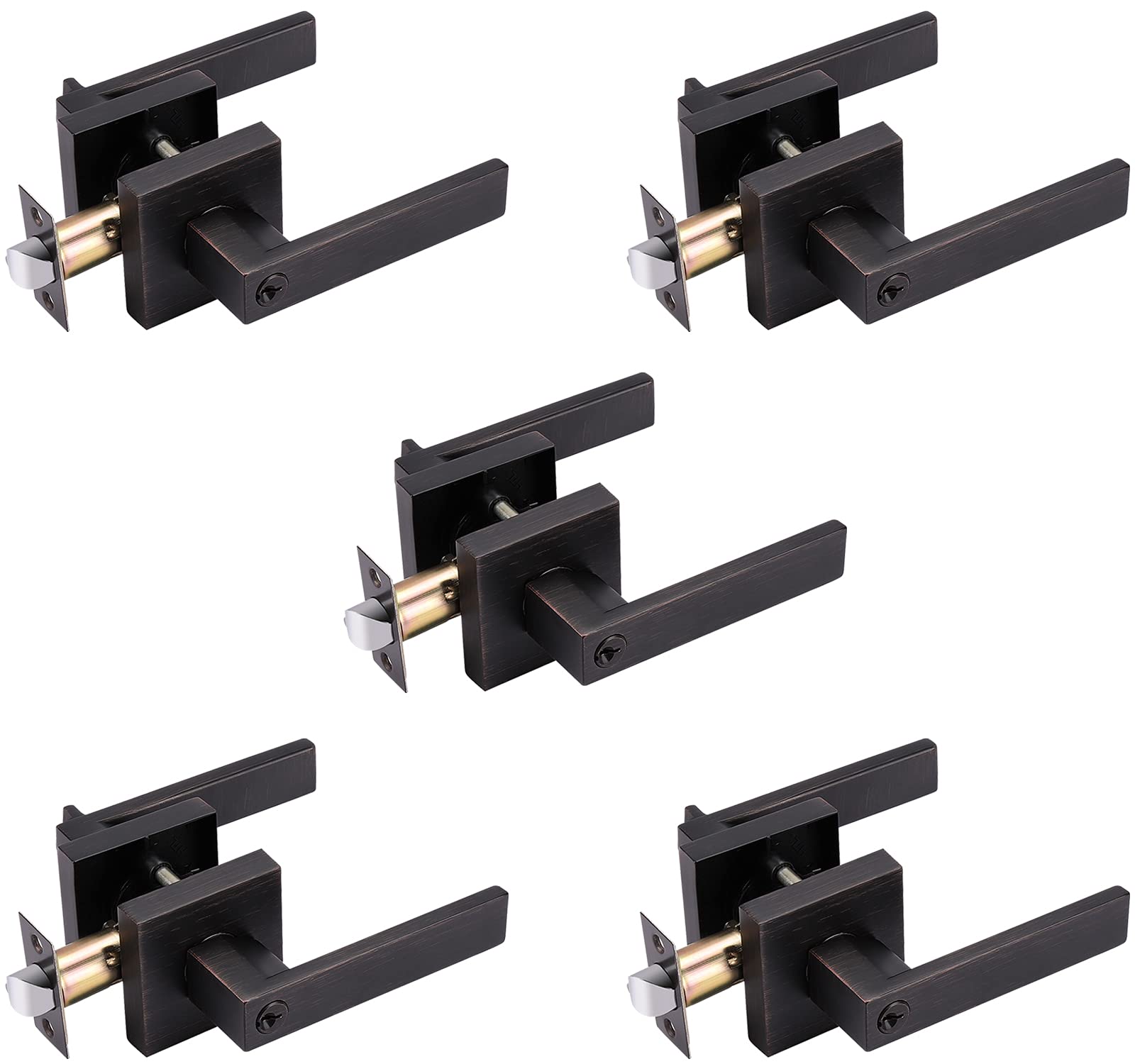 5 Pack Keyed Alike Entry Door Lever Set - Reversible Door Handle with Lock & Matching Keys - Oil Rubbed Bronze Square Interior/Exterior Lockset for Bedroom, Bathroom & Front Door - Perfect for Home Security & Easy Access Control
