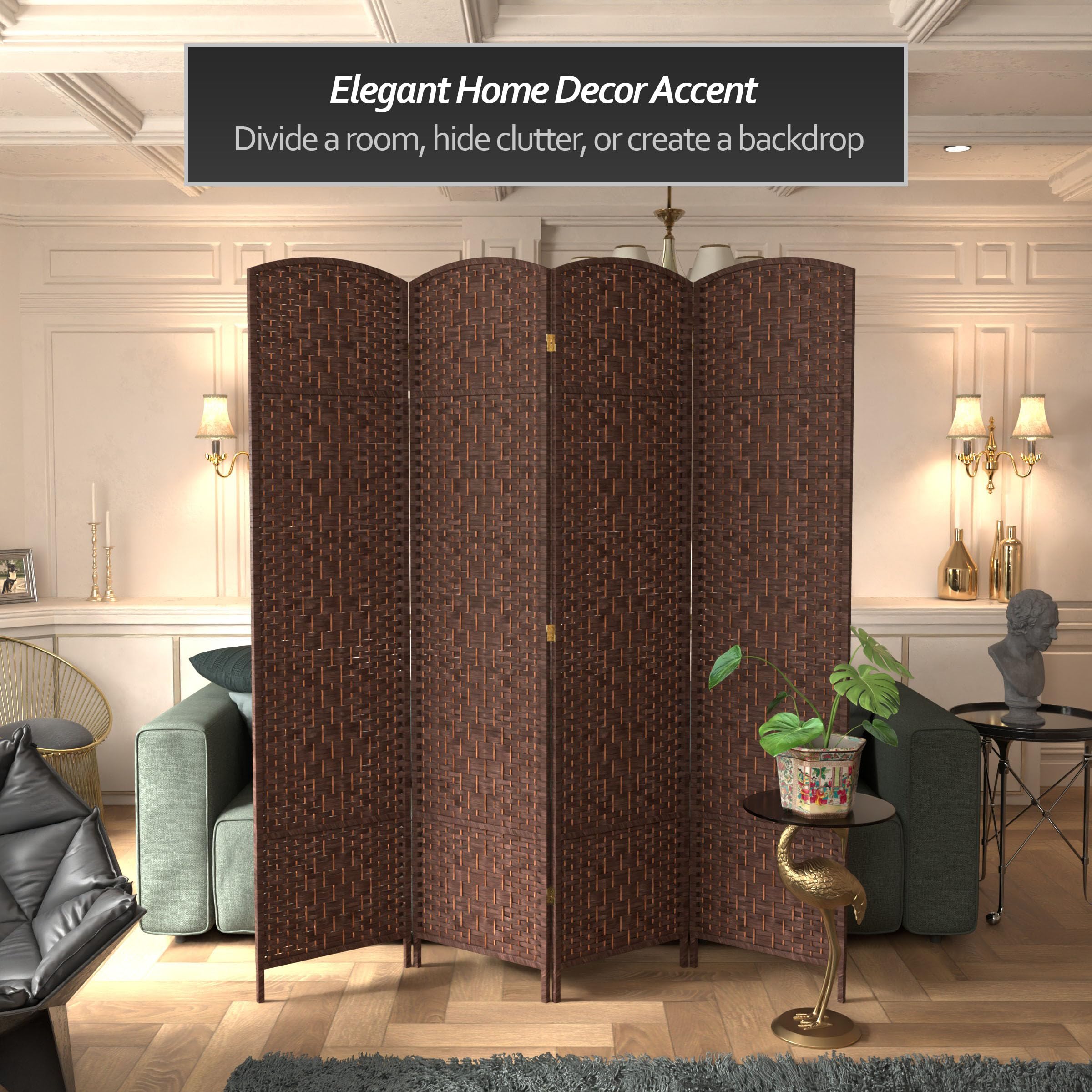 7 ft. Tall Red Lantern Diamond Weave Dark Mocha Room Divider - 4 Panels Folding Screen for Home, Office, and Event Decor - Perfect for Privacy, Partition, and Asian-Inspired Interior Design
