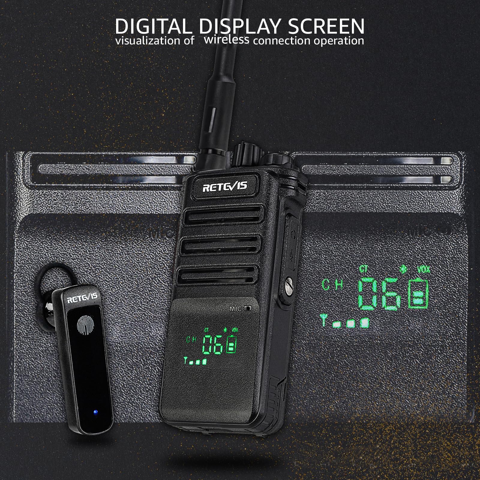 Retevis RB689 Long Range Walkie Talkies (2 Pack) - 2600mAh Rechargeable Two-Way Radios with Wireless Headset, VOX, Flashlight | Security, Construction, Outdoor Adventures, Event Coordination (Black)