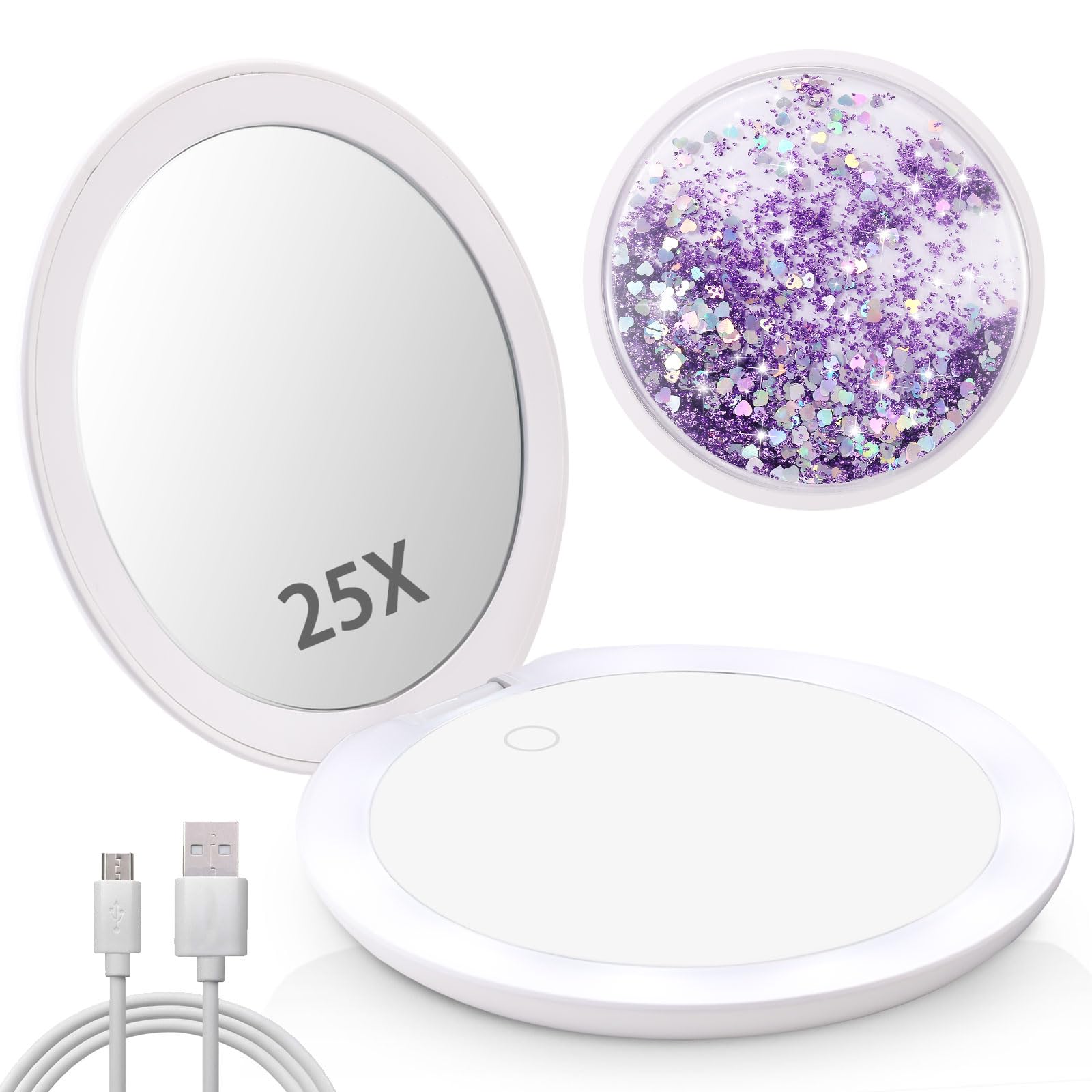 1x/25x Magnifying Mirror with LED Light - Touch Control Makeup Mirror for Home & Travel, 4.8 Inch Portable Compact Mirror (Purple) - Perfect for Makeup Application, Skincare Routine & Travel Essentials