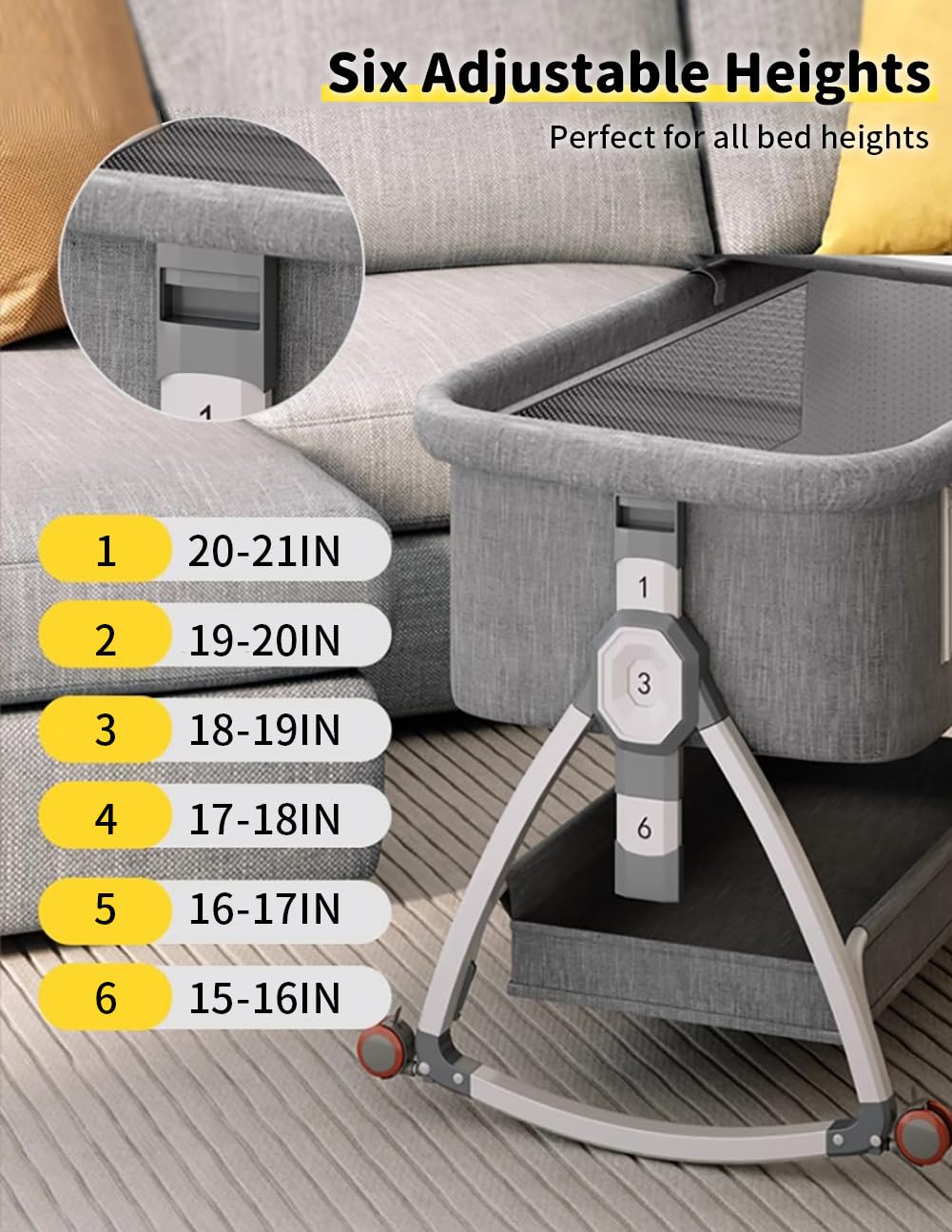 Bonbay 4-in-1 Portable Baby Bassinet with Wheels, Mosquito Net & Storage Basket - 6 Height Adjustable Bedside Sleeper for Newborns | Perfect for Nursery, Bedroom & Travel Use