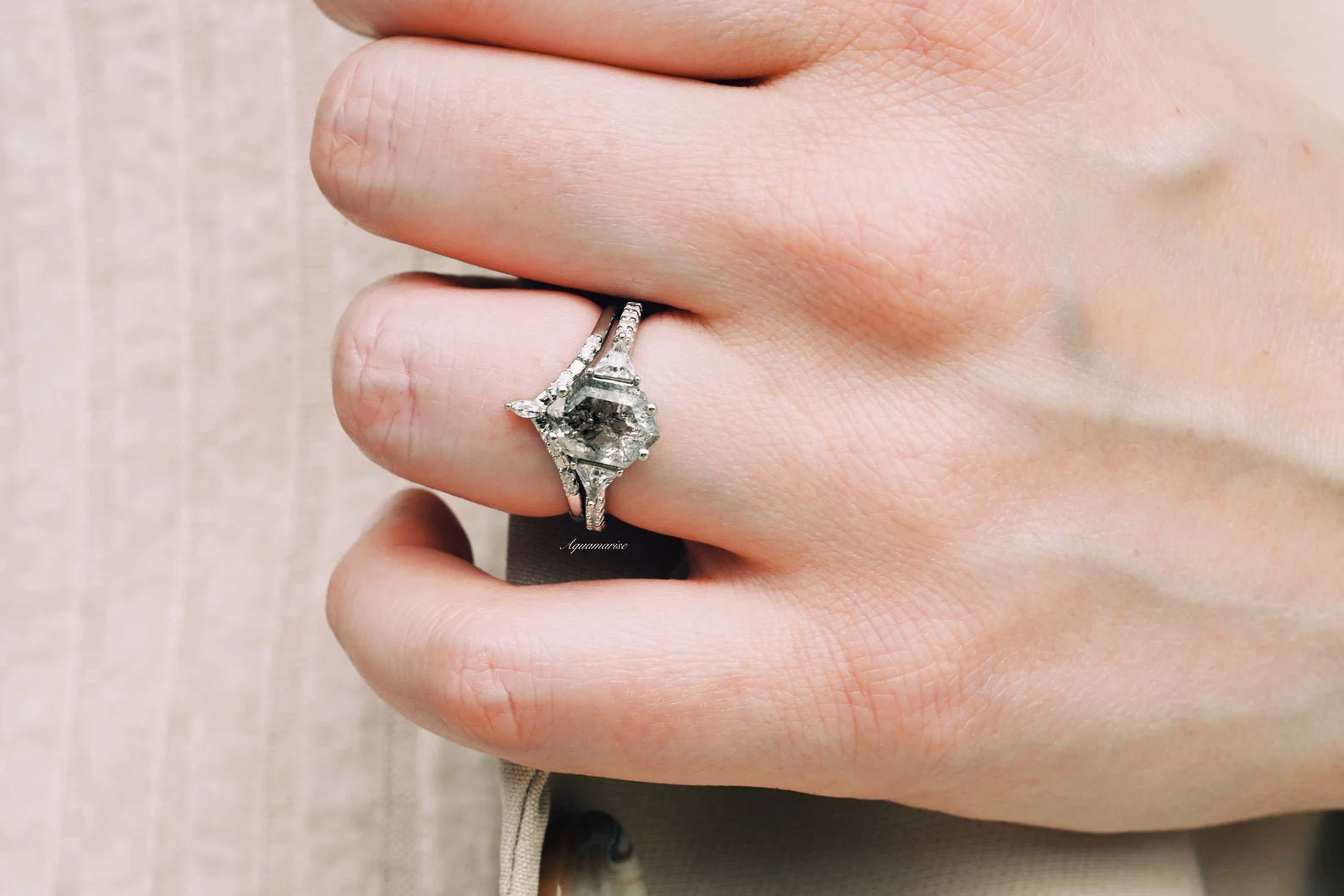 Galaxy Raw Salt & Pepper Diamond (Herkimer Diamond) Hexagon Ring Set - 925 Sterling Silver Jewelry for Women - Perfect for Weddings, Anniversaries & Special Occasions