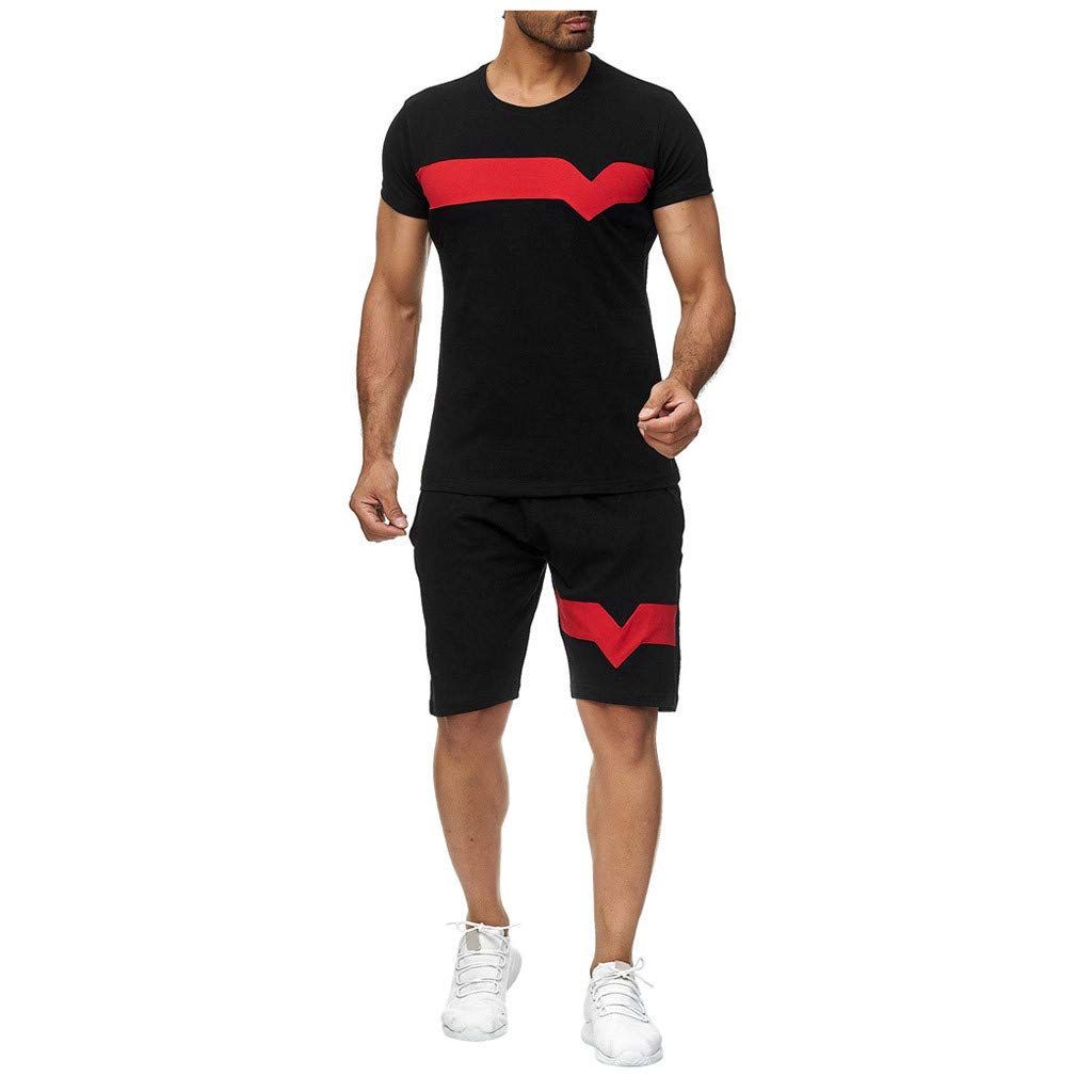 Men's Shorts Two-Piece Outfit - Color Patchwork Joggers Set with T-Shirt & Short Pants | Summer Tracksuit & Sweatsuit Outfits for Running, Gym, and Casual Wear