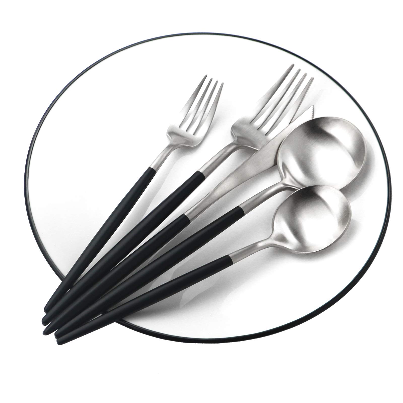 Premium 20-Piece Matte Black Flatware Set - 18/10 Stainless Steel Cutlery with Black Handles (Forks, Spoons, Knives) - Elegant Dinnerware for 4 People - Perfect for Home Dining, Camping & Travel Utensils (Black/Silver)