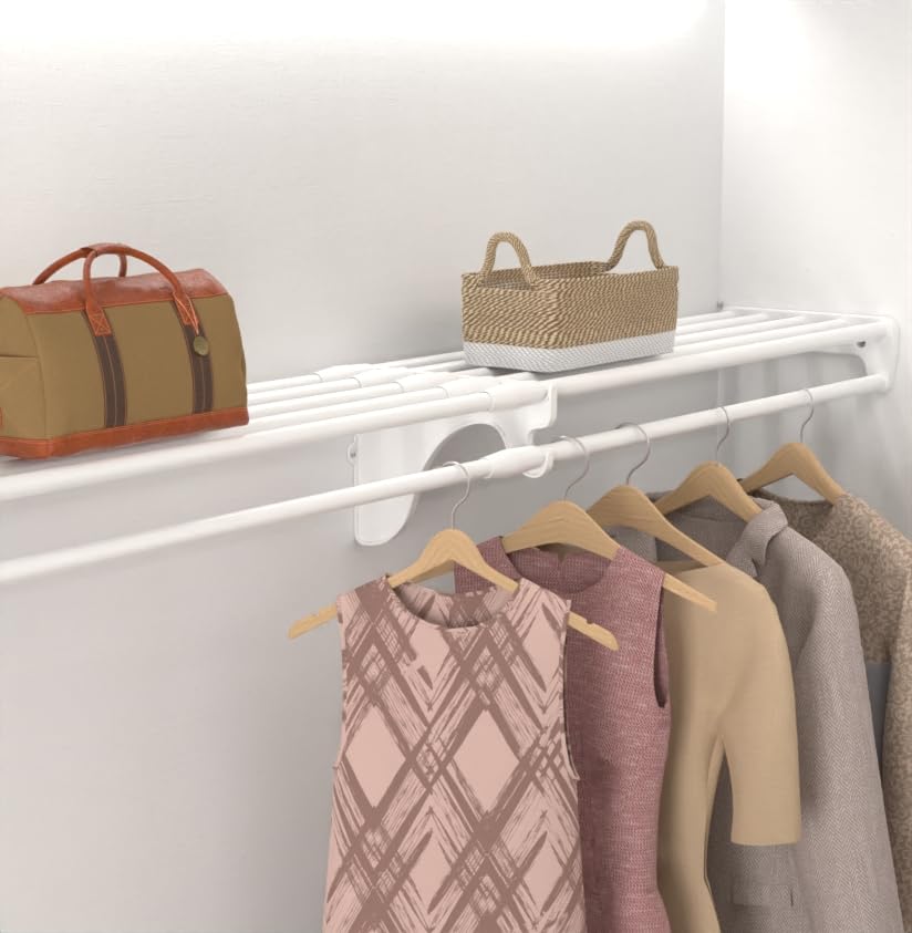EZ SHELF - Heavy Duty Hanging Shelf for Closet - Adjustable Length 63.3-118 Inches - White Closet Organizer - Supports 200 lbs - Easy DIY Installation Between 2 Walls - Sturdy Alternative to Wire Shelving - Perfect for Bedroom, Walk-in Closet, and Storage Organization