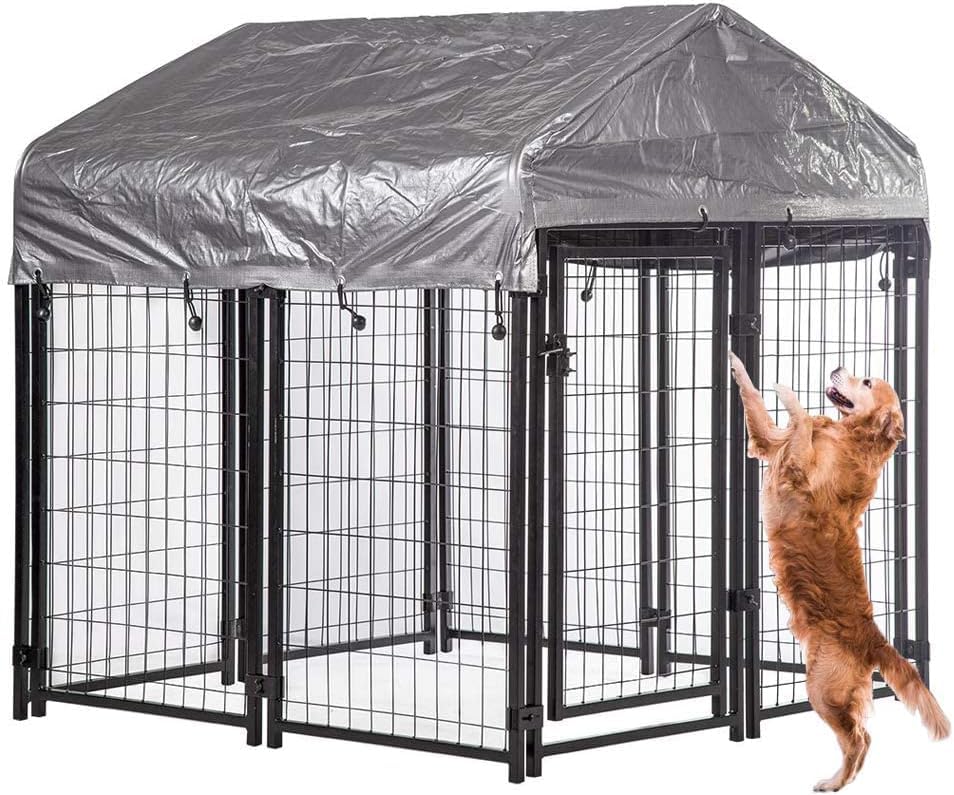 4x4x4.3FT Large Outdoor Dog Kennel with Roof - Heavy Duty Wire Dog Crate, Puppy Playpen & Weatherproof Fence with UV Protection Cover | Perfect for Backyard, Patio & Camping Use