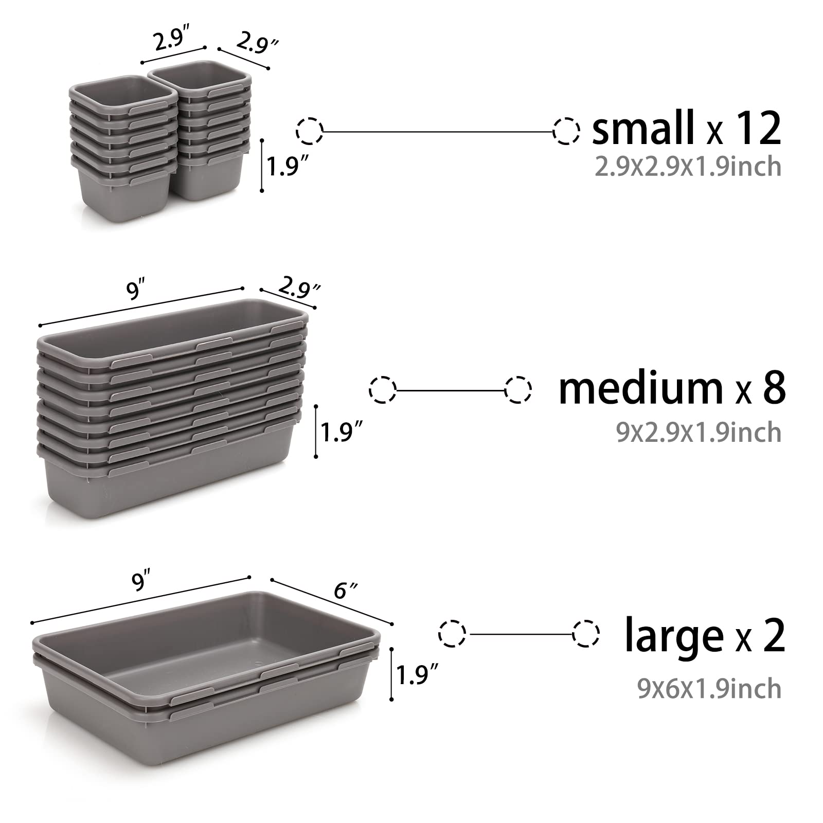 KeFanta 22 Pack Interlocking Drawer Organizer Trays - Space Saving Grey Storage Bins for Office, Bathroom, Kitchen & Makeup Organization - Perfect for Clutter-Free Desks, Vanities and Cabinets