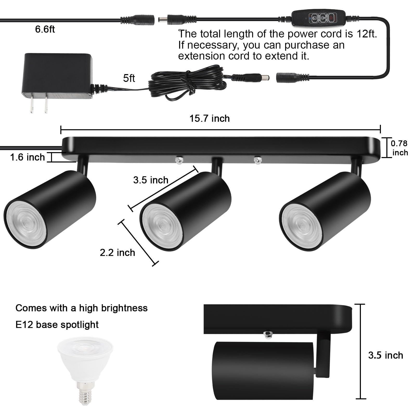 Plug-in Track Lighting Fixture with Power Cord - 15W 3000K Wall Spotlight with 3 Adjustable Heads for Kitchen, Cabinet, Gallery, Bar & Living Room - Flexible Rotatable Ceiling Lights (Black) - Perfect for Accent Lighting and Home Decor