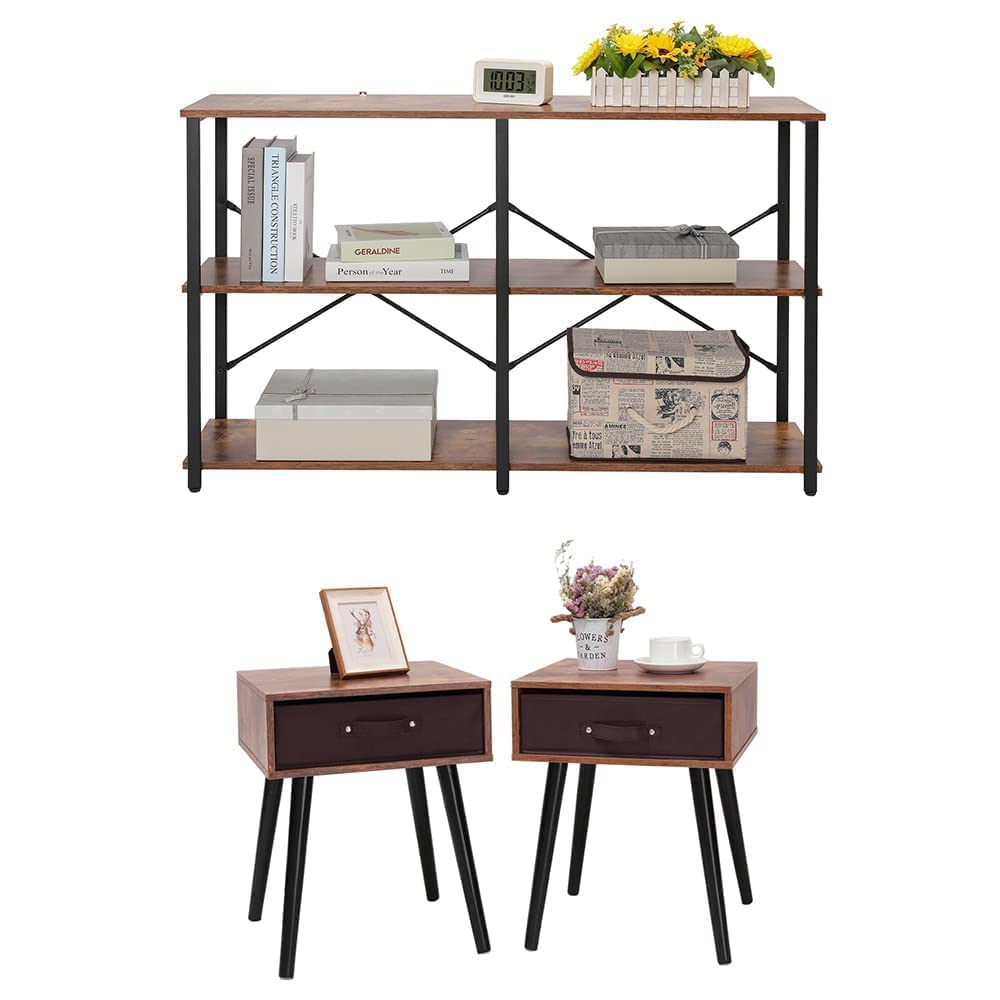 IWELL Nightstand Set of 2 & Console Sofa Table - Rustic Brown TV Stand, Narrow Space Accent Table for Bedroom, Living Room, Study - Perfect for Small Spaces, Apartment Decor & Home Office Organization