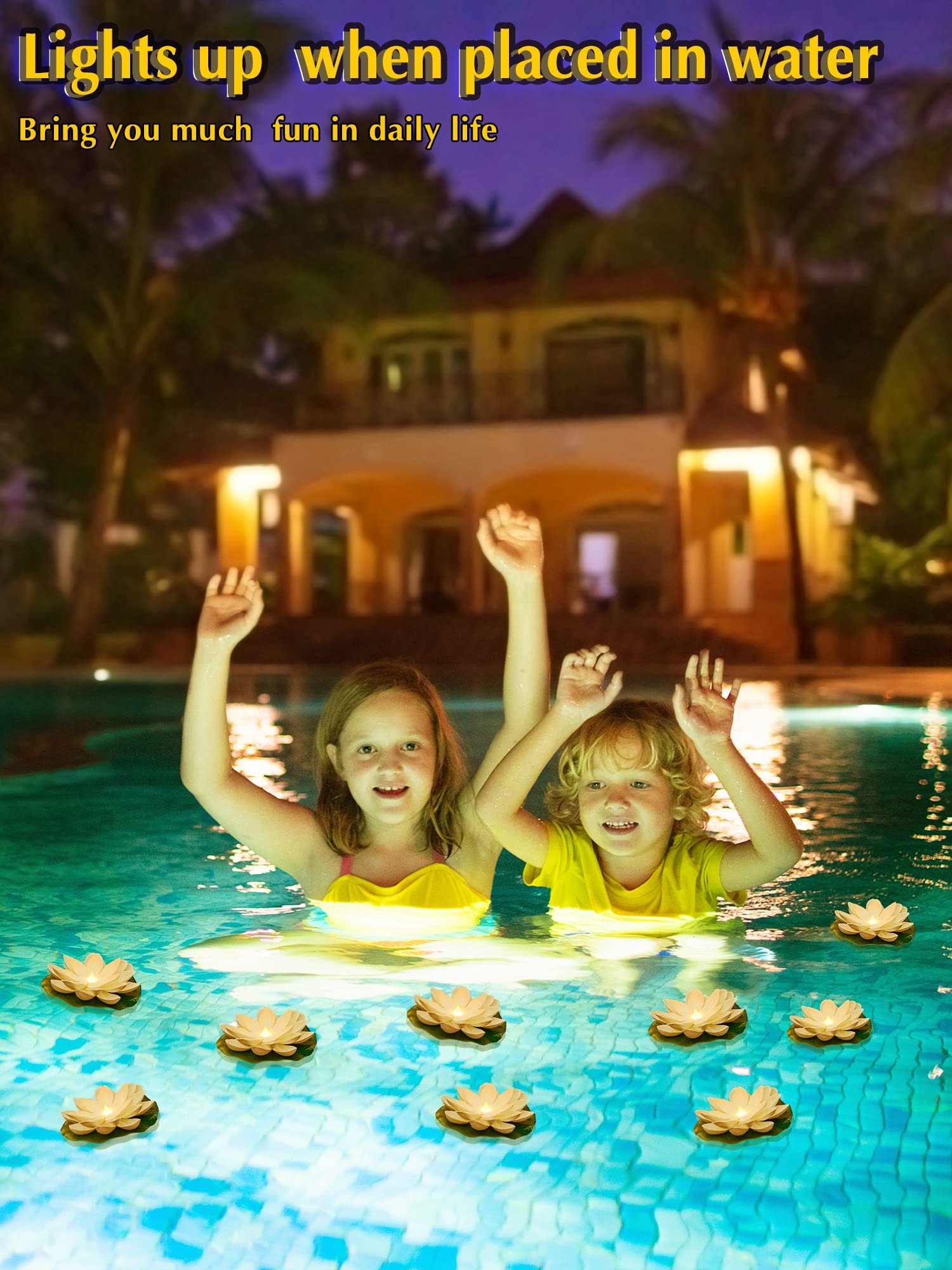 Hortsun 9 Pack Floating Pool Lights - Waterproof LED Lotus Flower Lanterns for Ponds & Pools (3.94 Inch, White & Yellow Light) - Battery Operated Decorative Lights for Backyard, Garden, and Outdoor Parties