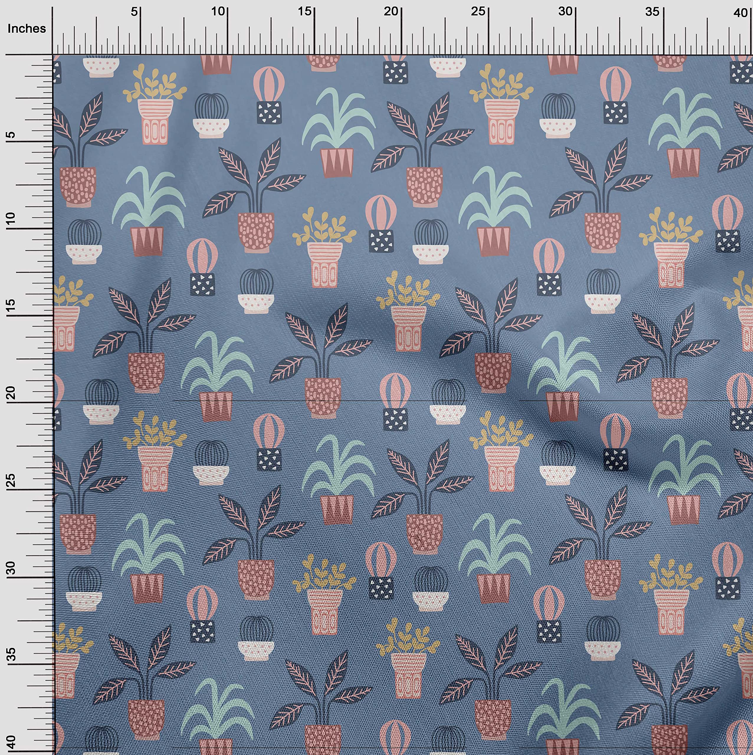 Premium Cotton Poplin Twill Fabric - Teal Blue with Flower Pots Motif - 56 Inch Wide for DIY Craft Projects, Home Decor & Sewing | Perfect for Curtains, Pillows & Table Runners