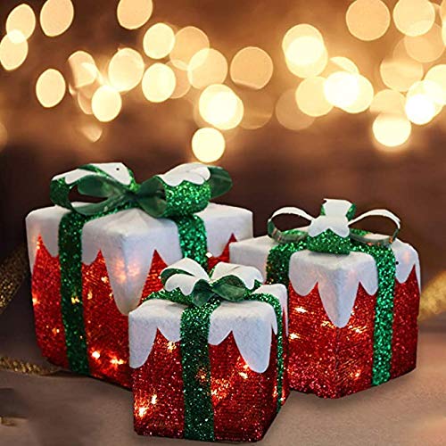MorTime 3-Pack LED Gift Boxes with Green Bows - Christmas Indoor/Outdoor Decor