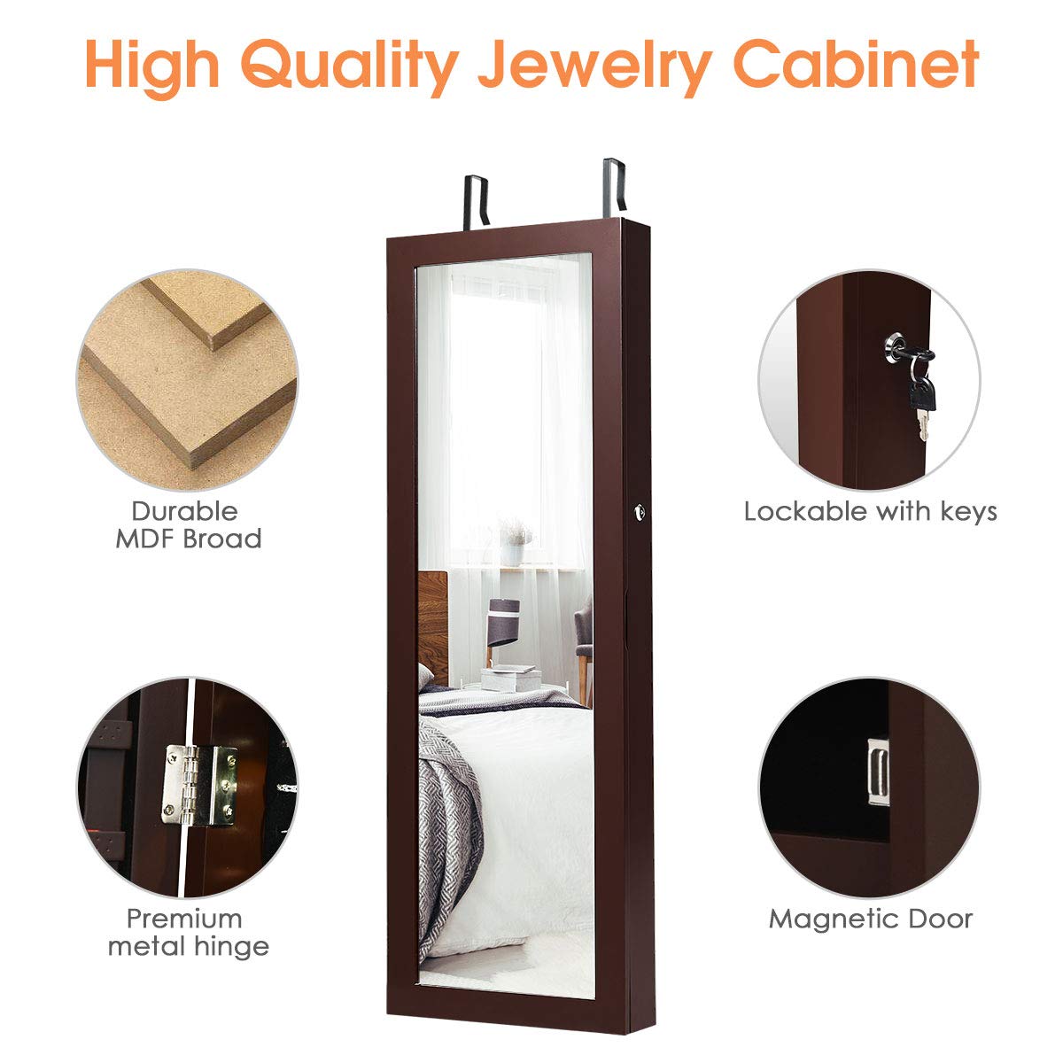 MAT EXPERT Wall/Door Mounted Jewelry Armoire with LED Lights - Lockable Jewelry Cabinet, Full-Length Mirror & Drawers - Jewelry Organizer for Necklaces, Rings & Makeup (Brown) - Perfect for Bedroom, Closet & Dressing Room Storage