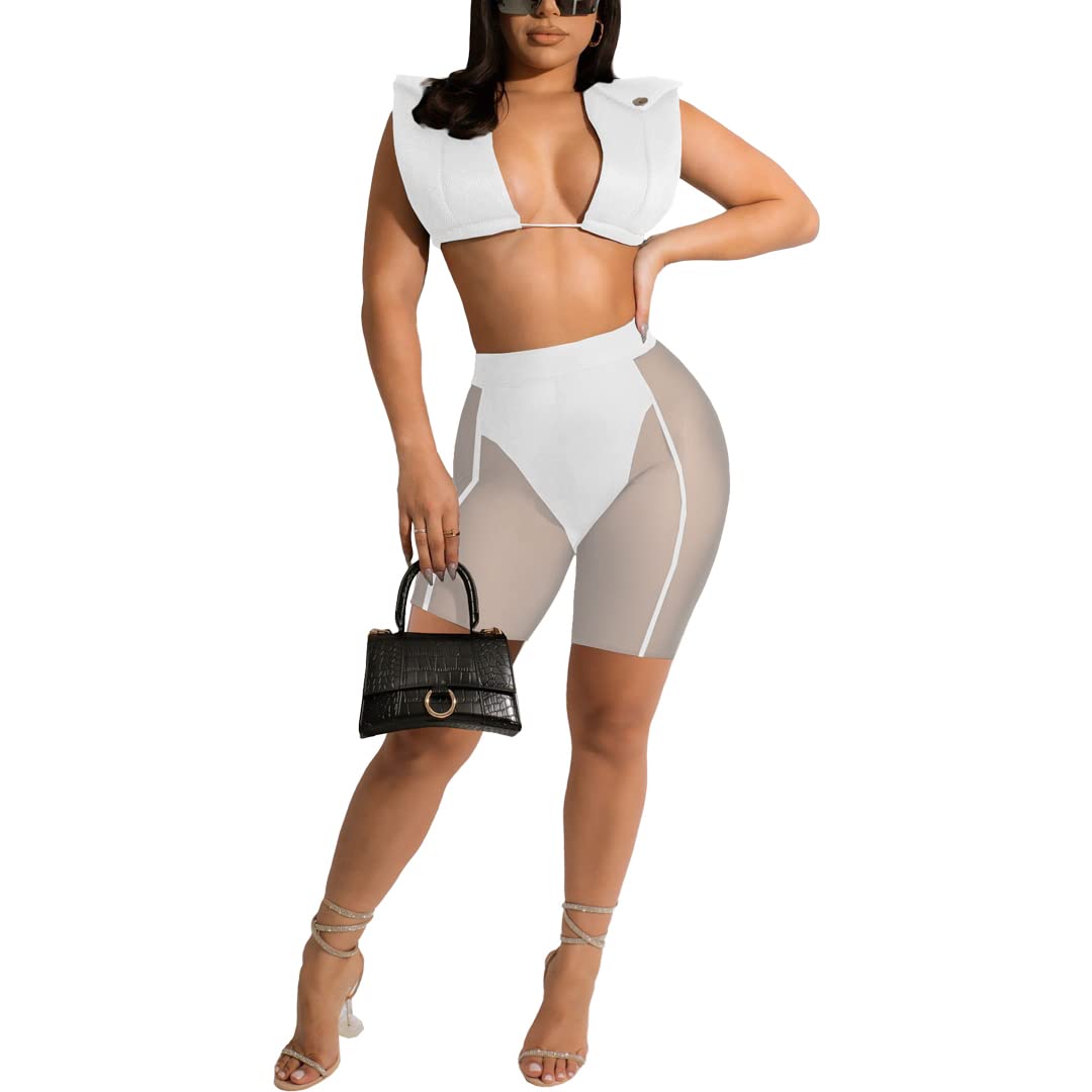 Sexy Two Piece Outfits for Women - Sheer Mesh Shorts & Crop Top Set, Sleeveless Bodycon Clubwear for Party, Night Out, Beach Vacation and Summer Fashion