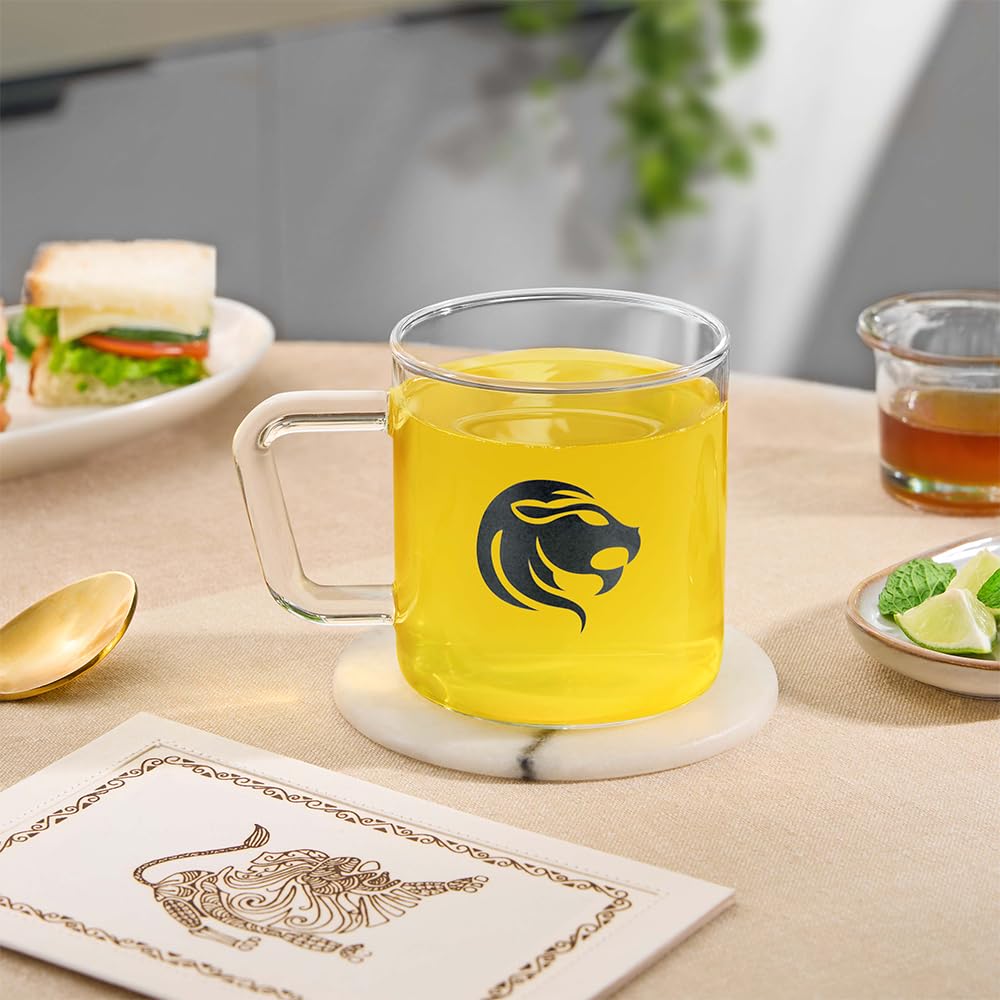 Borosil 305 ml Zodiac Sign Leo Mug - Borosilicate Glass Tea & Coffee Cup - Microwave Safe, Scratch Resistant, Lightweight - Perfect for Chai, Green Tea, Milk - Transparent Glass - Ideal for Home, Office & Gifts