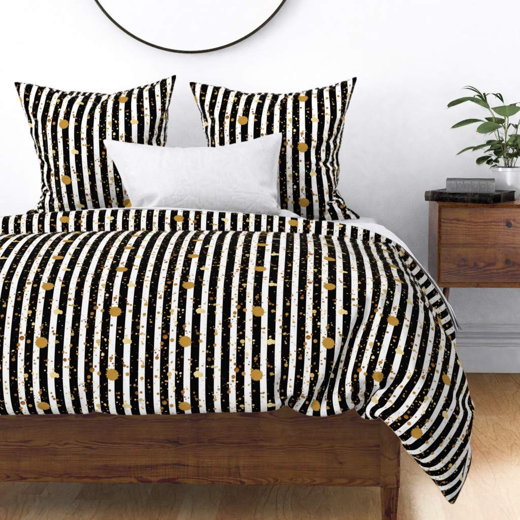 Premium Cotton Sateen Duvet Cover King/California King - Gold Black White Striped & Splatter Paint Design | Modern Glam Bedding Set | Luxury Home Decor for Master Bedroom & Guest Room