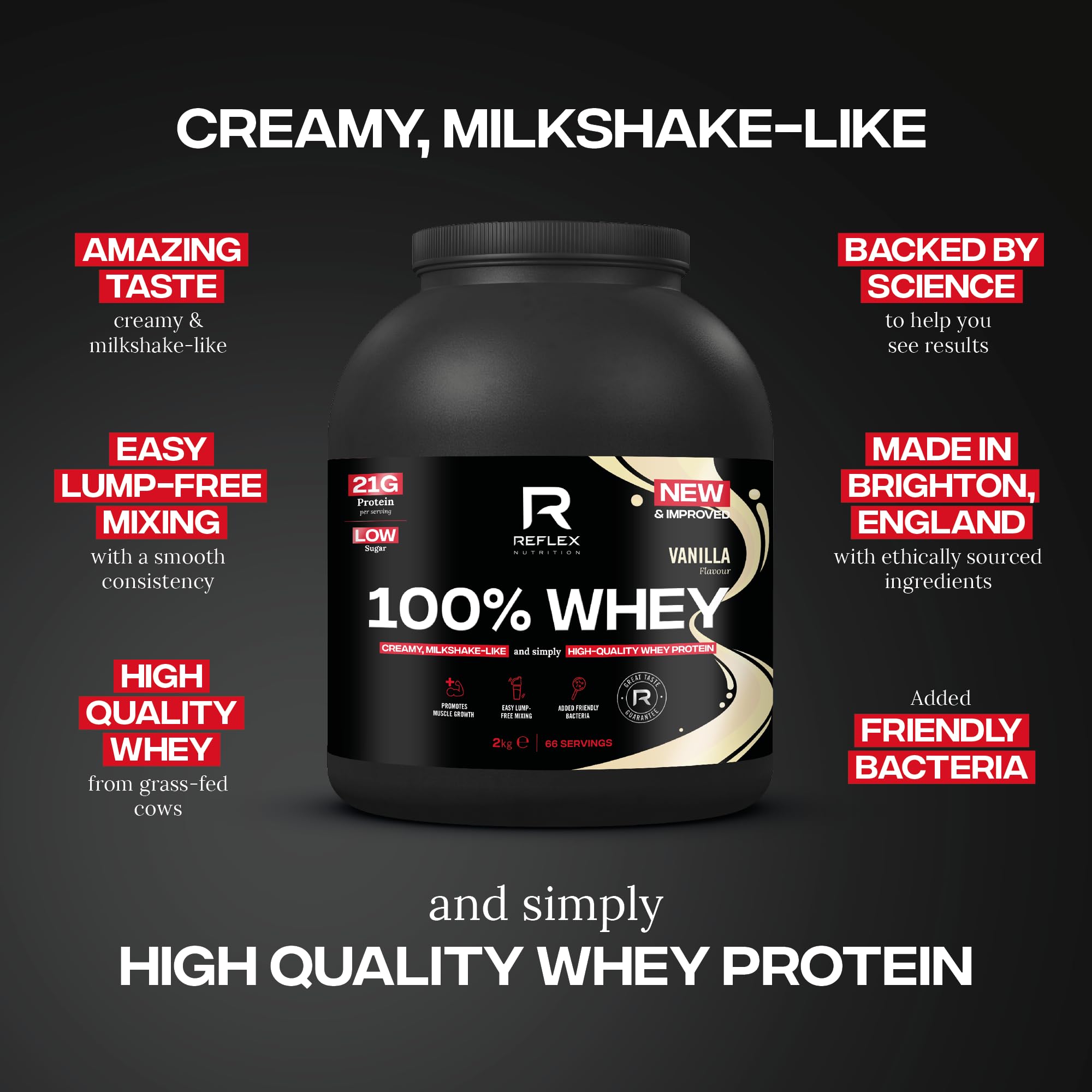 Reflex Nutrition 100% Whey Protein Powder - 80% Pure Whey with EAA Amino Acids, No Added Sugar, 2kg (66 Servings) - Vanilla Flavor for Pre & Post Workout Recovery | Ideal for Gym, Bodybuilding & Muscle Growth
