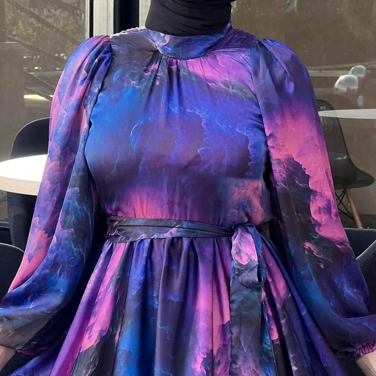 Elegant Printed Muslim Women's Satin Abaya Dress - Modest Islamic Prayer Dress for Eid, Wedding & Special Occasions