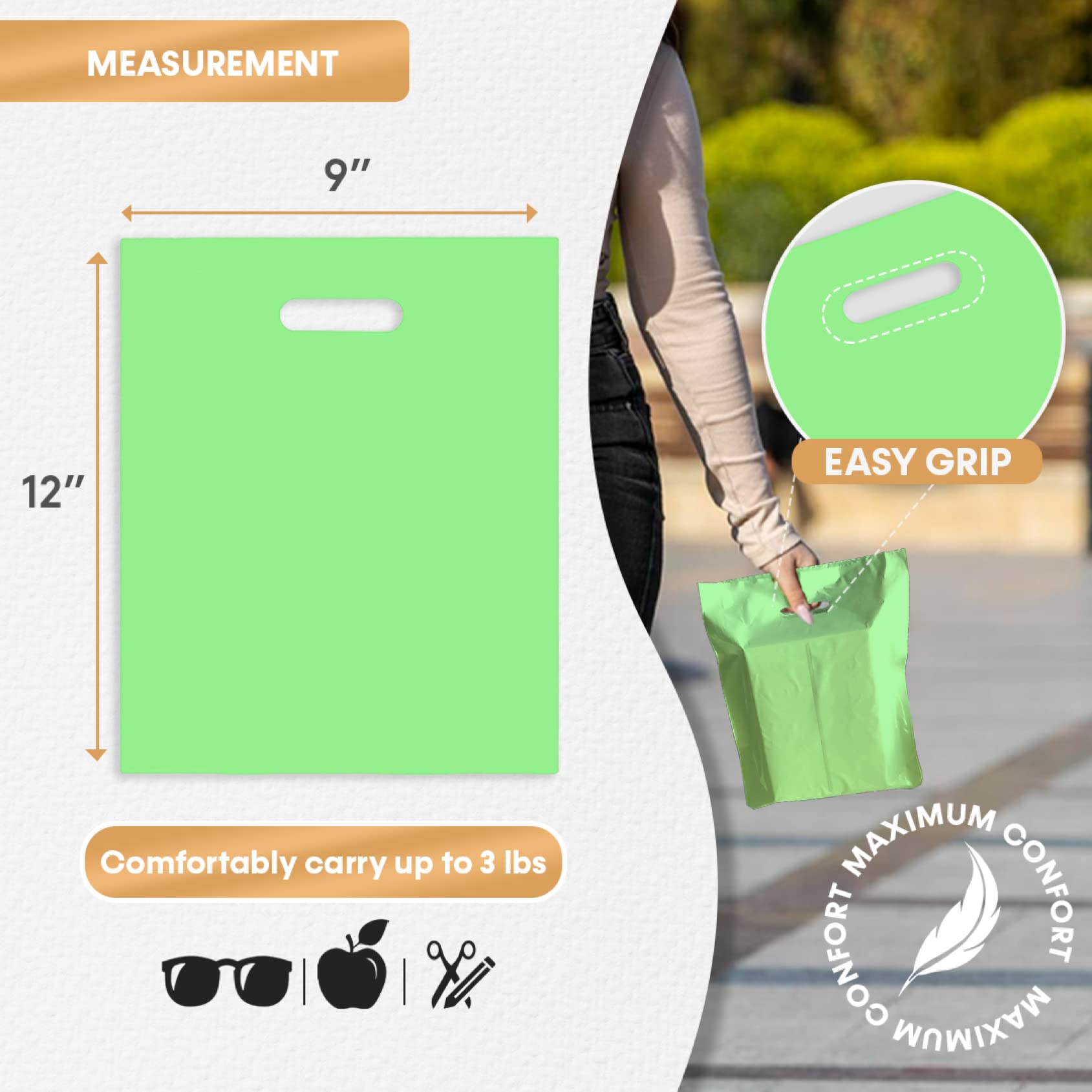 100 Pack 9x12 Inch Green Merchandise Bags with Die-Cut Handles - Strong, Durable & Tear-Resistant Shopping Bags for Retail Stores, Boutiques, Events & Gift Packaging