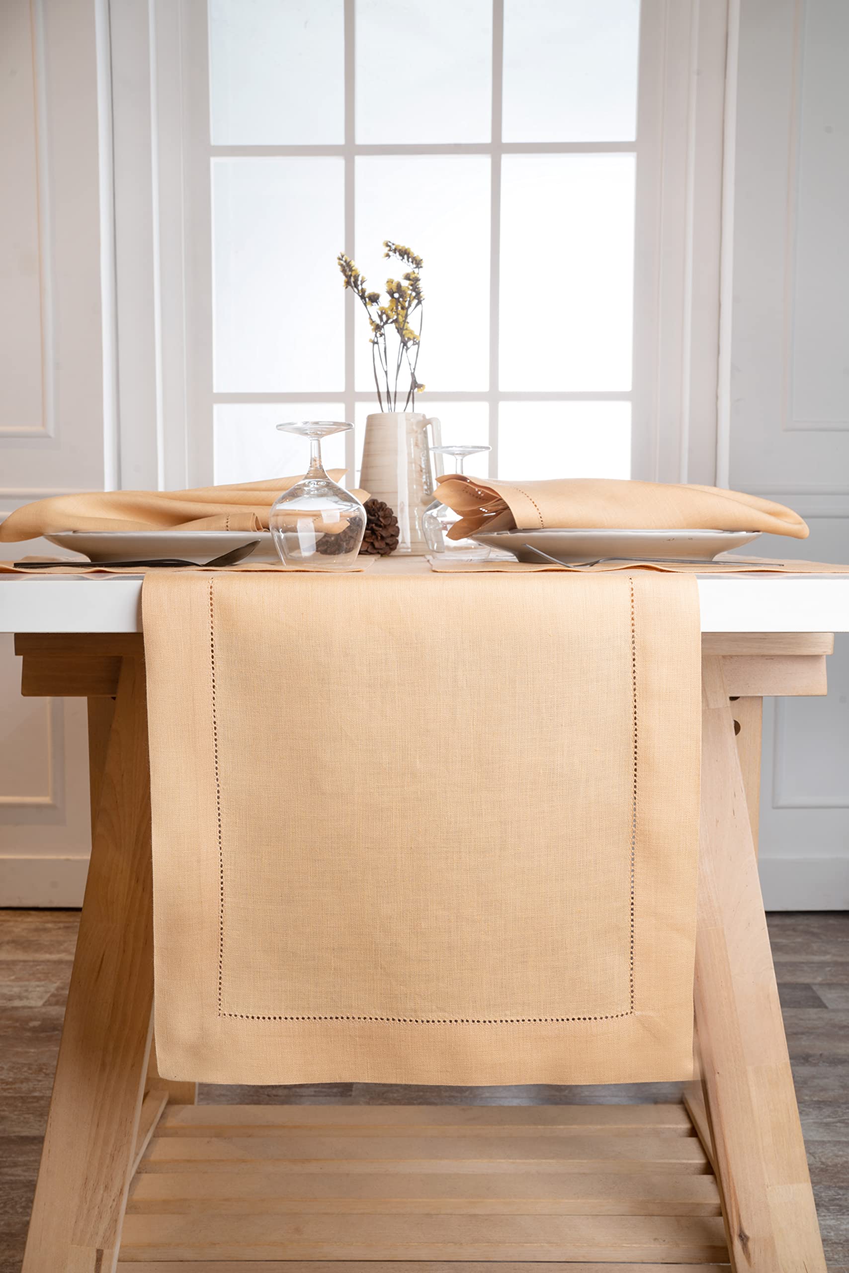 D'Moksha Homes Beige Linen Table Runner - 14 x 48 Inch, 100% Pure Linen Hemstitch, Machine Washable, Elegant Dining & Coffee Table Decor for Fall, Halloween, Christmas, Thanksgiving, Weddings & Home Parties