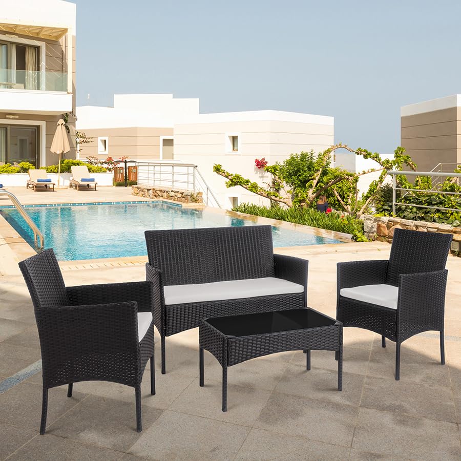 Shintenchi 4-Piece Outdoor Patio Furniture Set - Wicker Rattan Chairs with Tempered Glass Coffee Table - Perfect for Backyard, Porch, Garden, Poolside & Balcony Relaxation