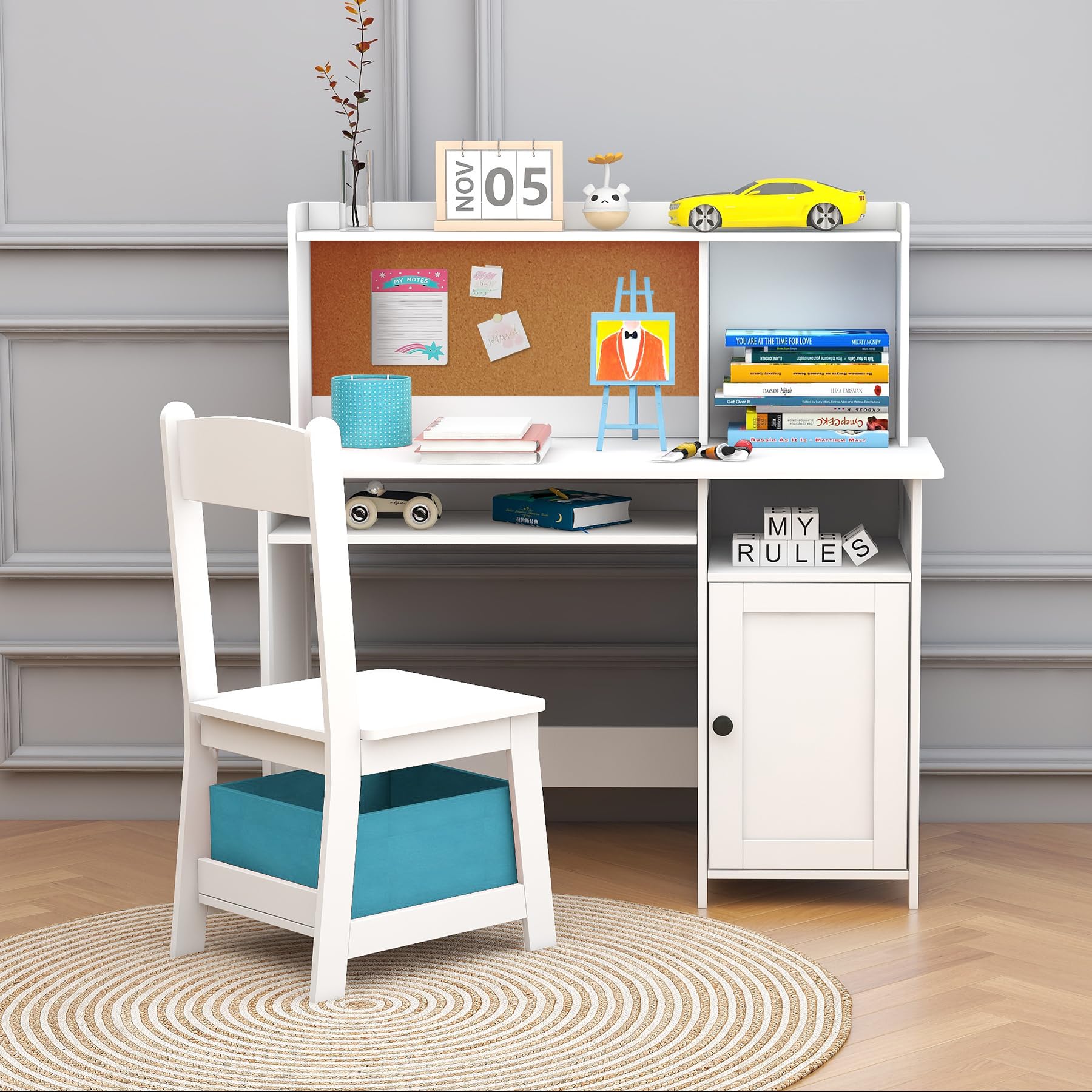 TaoHFE Kids Desk and Chair Set with Storage Shelf - Wooden Study Table & Chair for Boys Girls - Craft Writing Desk for Bedroom, Homeschool, Learning - White