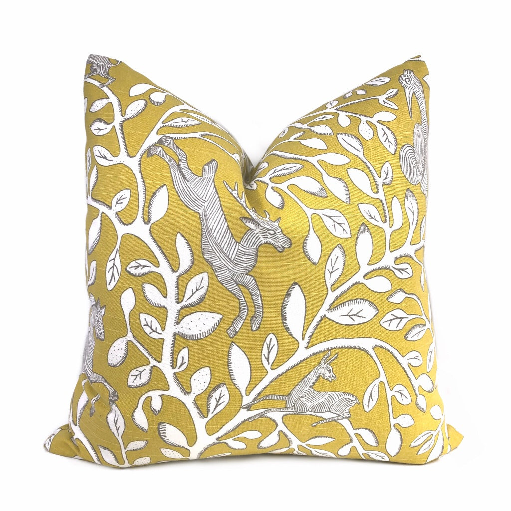 Dwell Studio Pantheon Folk Art Animals Forest Yellow Cream Pillow Cover - Decorative Throw Pillow for Living Room, Bedroom, Nursery & Home Decor